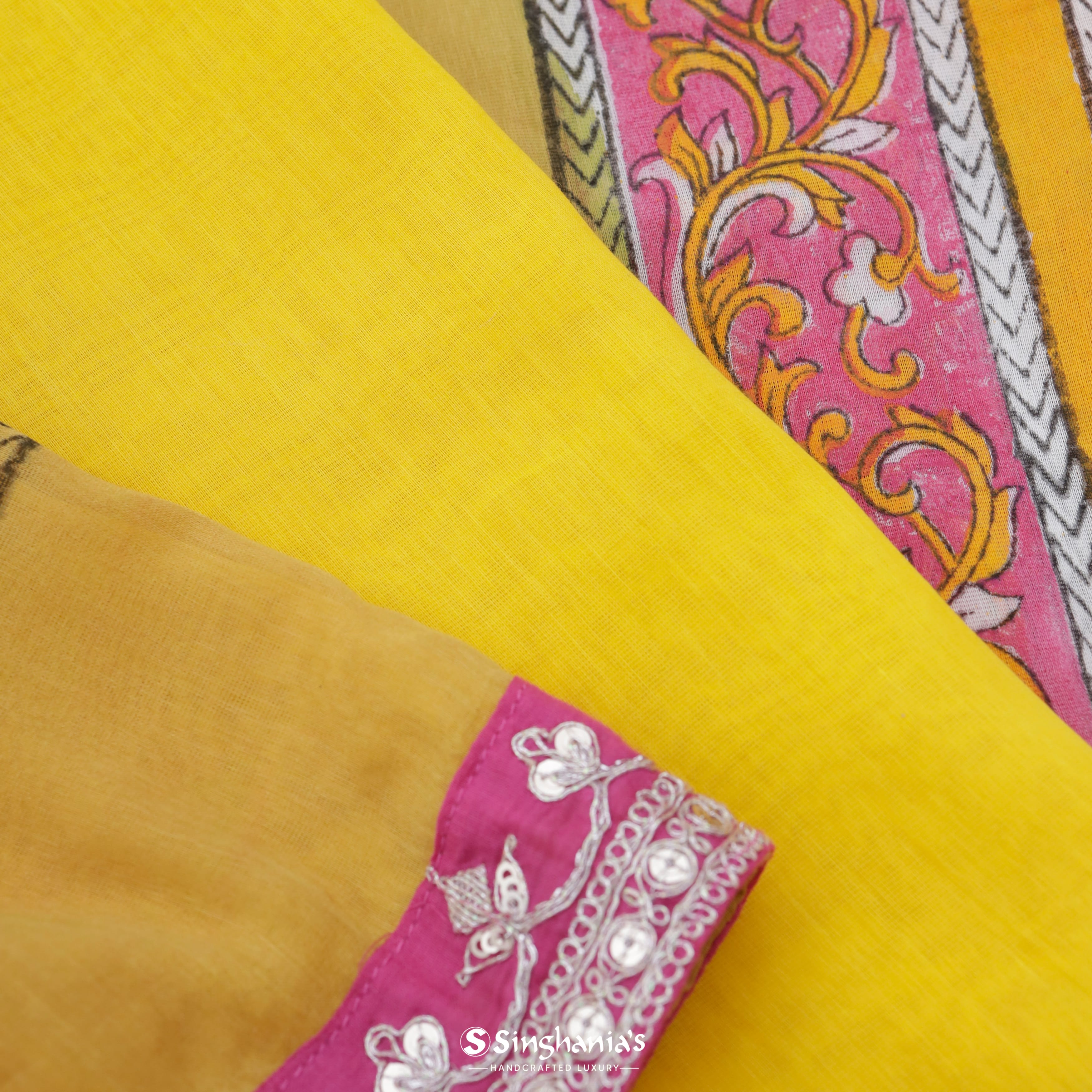 Bright Mustard Yellow Cotton Embroidery Saree Floral Pattern