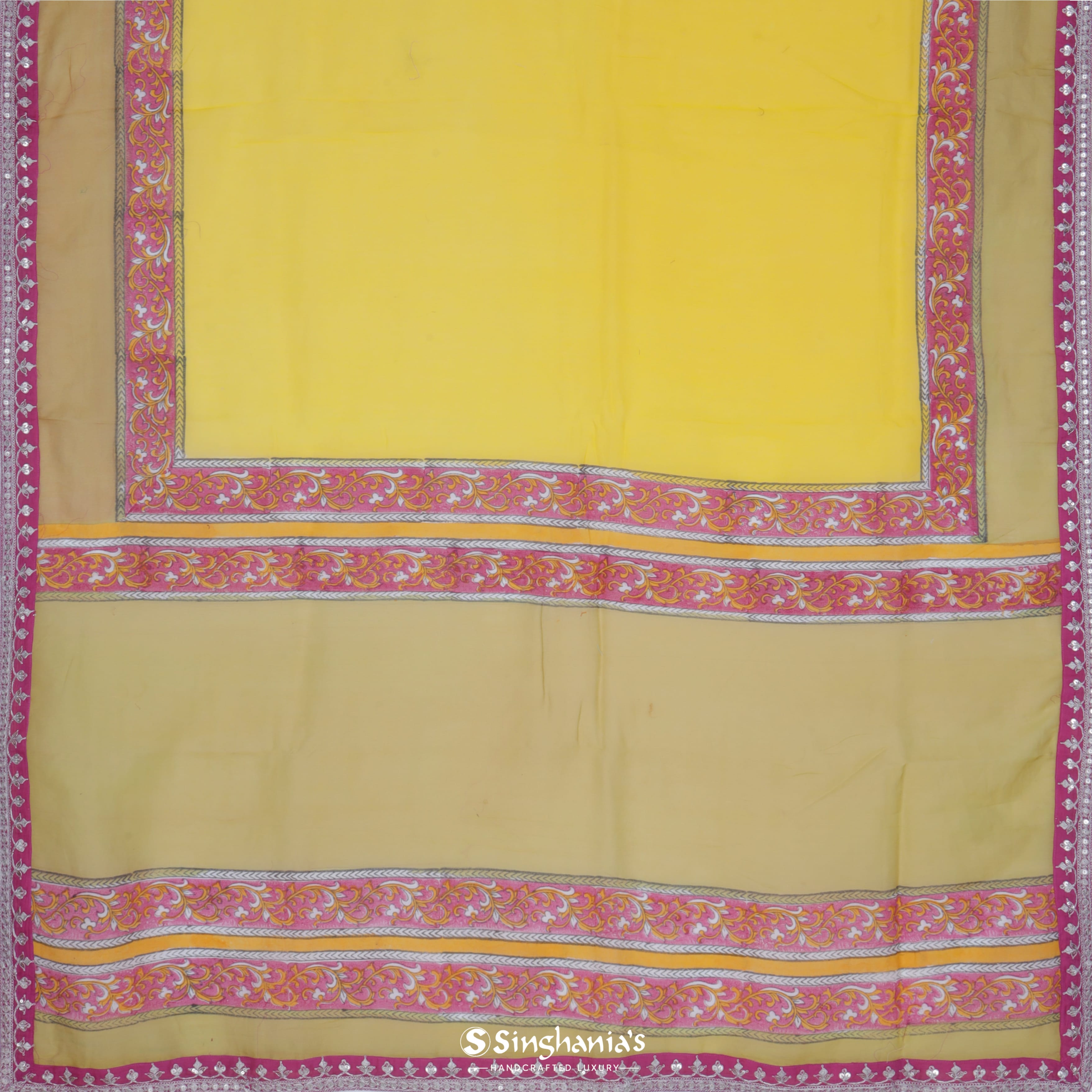 Bright Mustard Yellow Cotton Embroidery Saree Floral Pattern