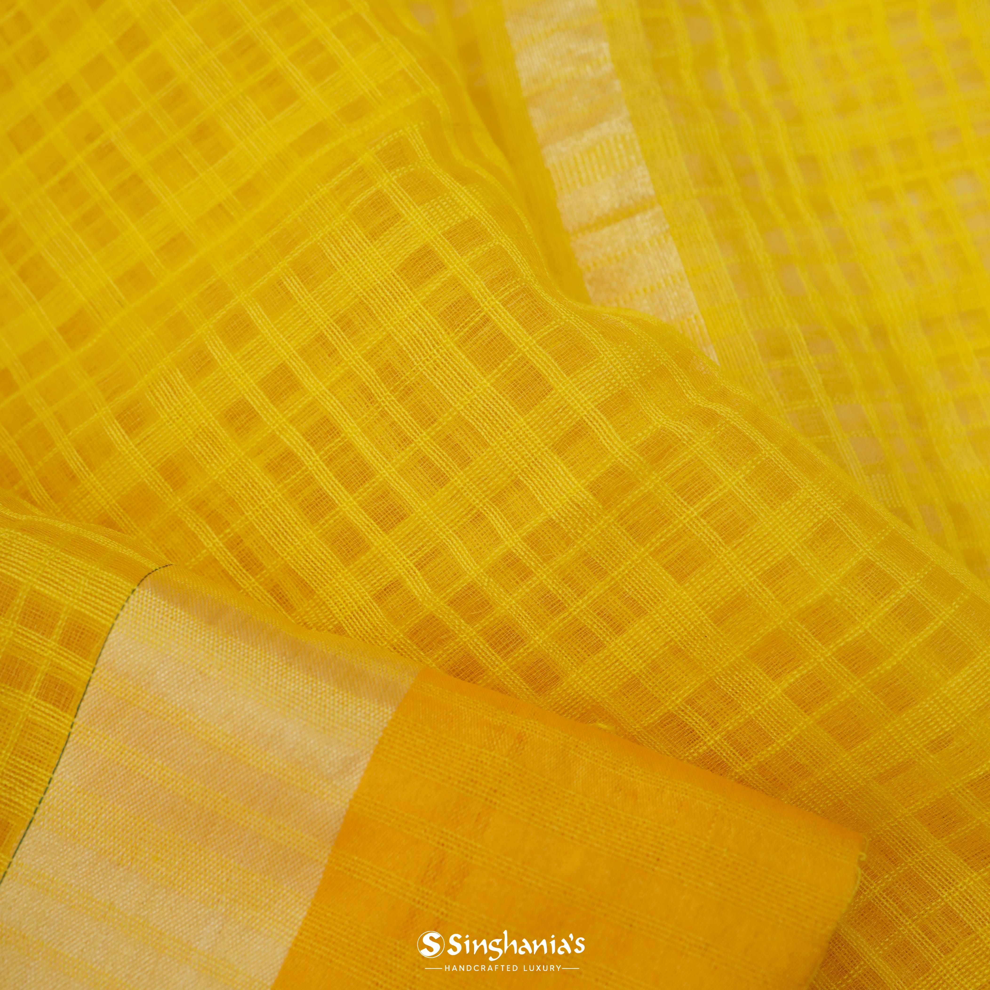 Bright Yellow Chanderi Silk Saree With Checks Pattern
