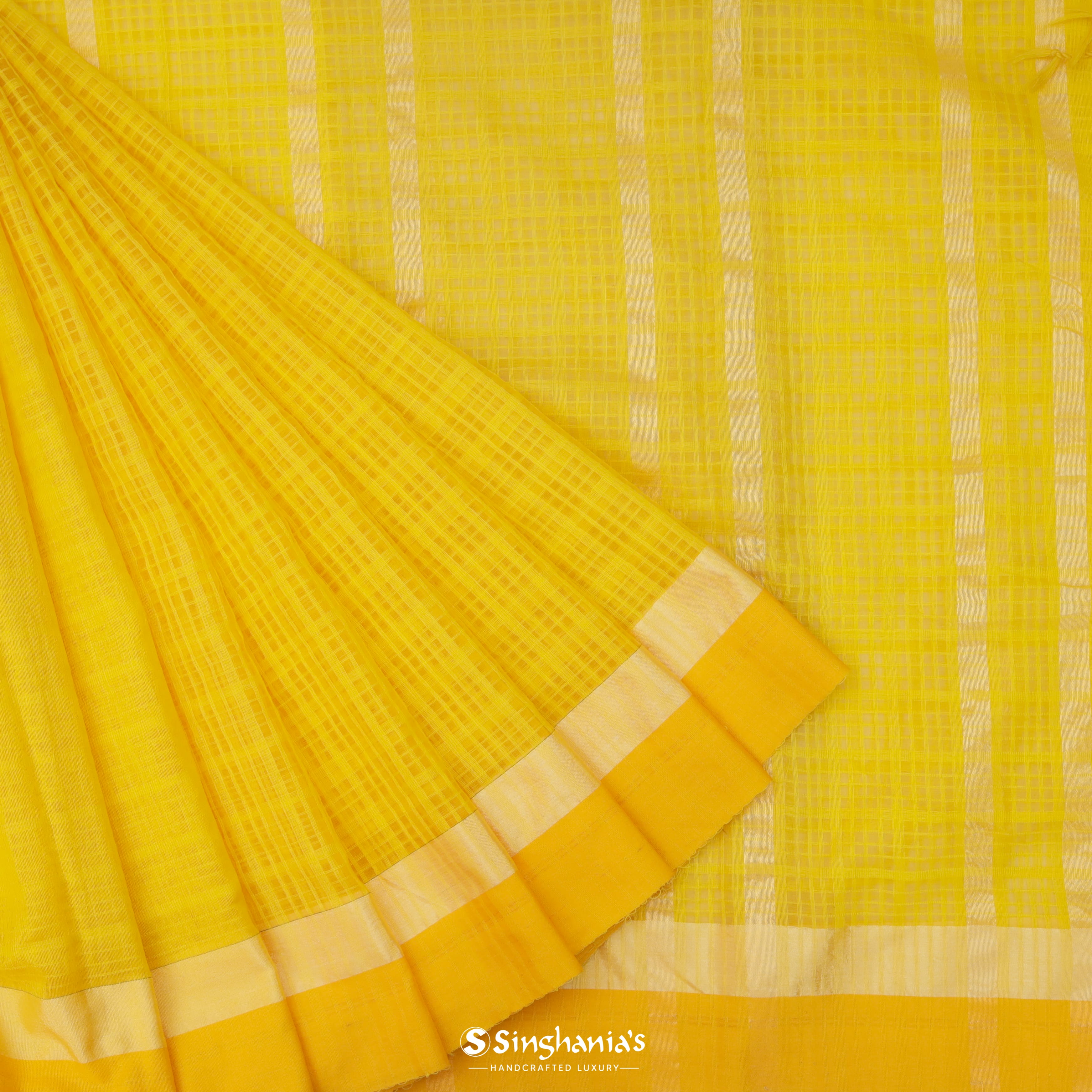 Bright Yellow Chanderi Silk Saree With Checks Pattern