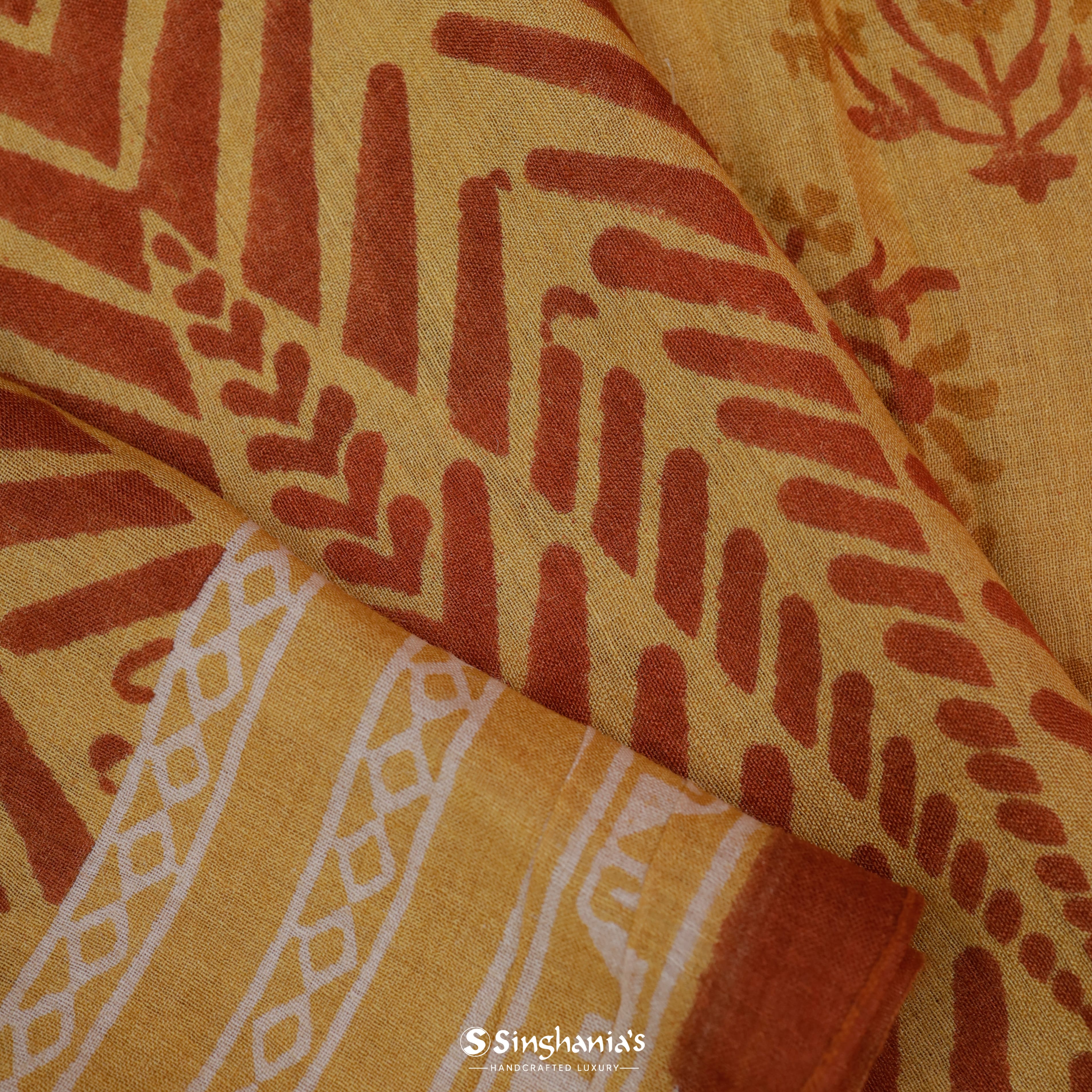 Turmeric Yellow Tussar Printed Silk Saree With Floral Jaal Pattern