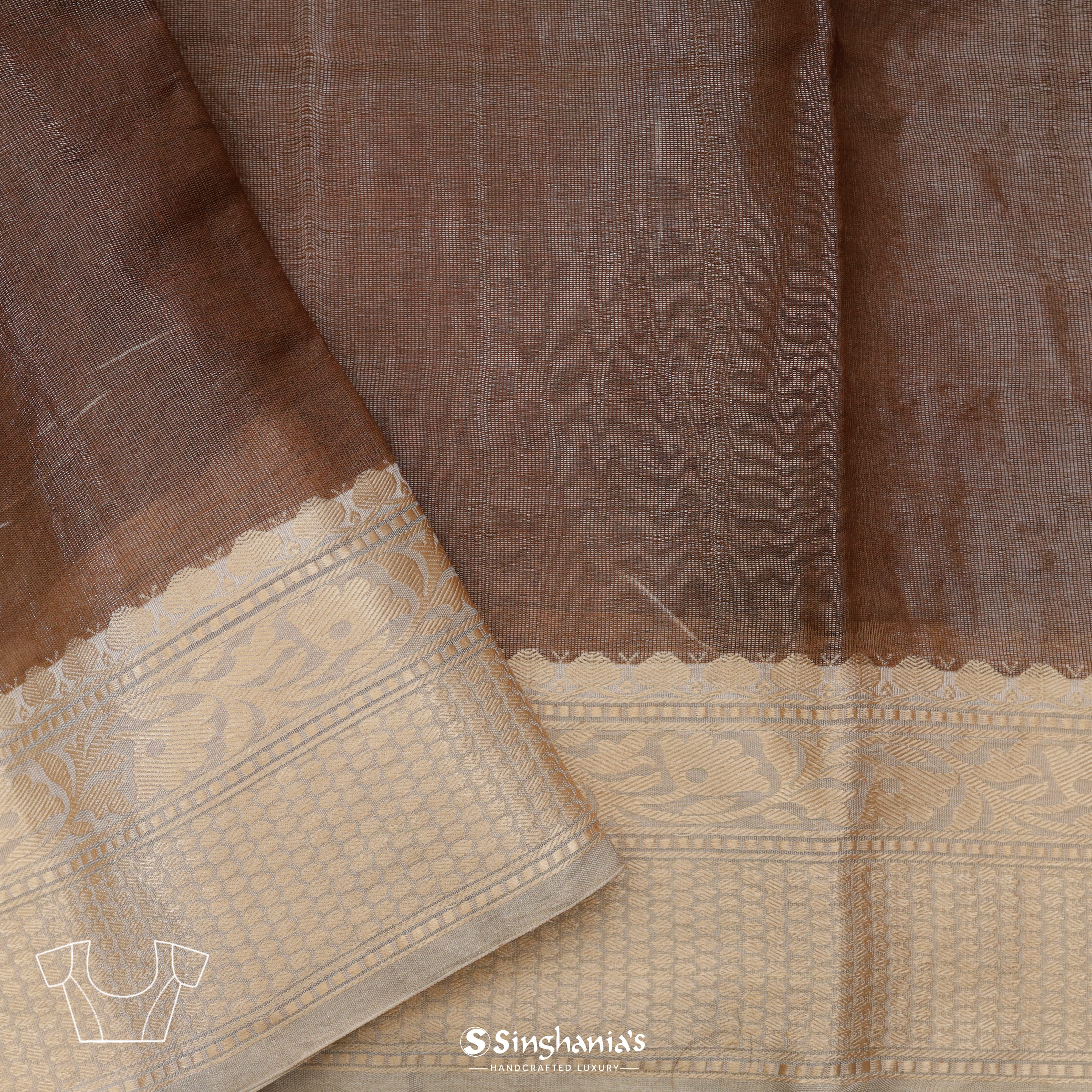 Earthy Brown Tissue Printed Silk Saree With Stripes Pattern