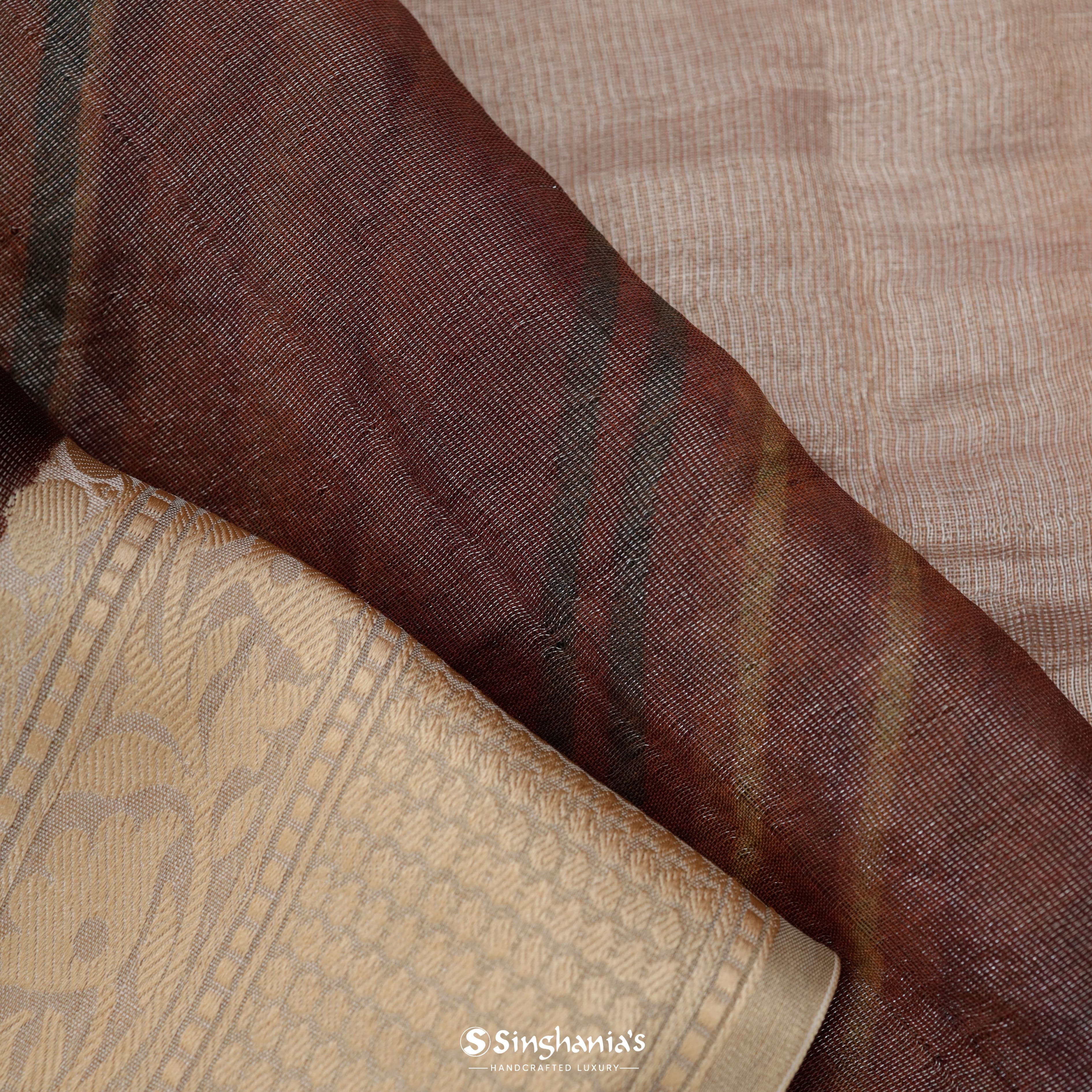 Earthy Brown Tissue Printed Silk Saree With Stripes Pattern