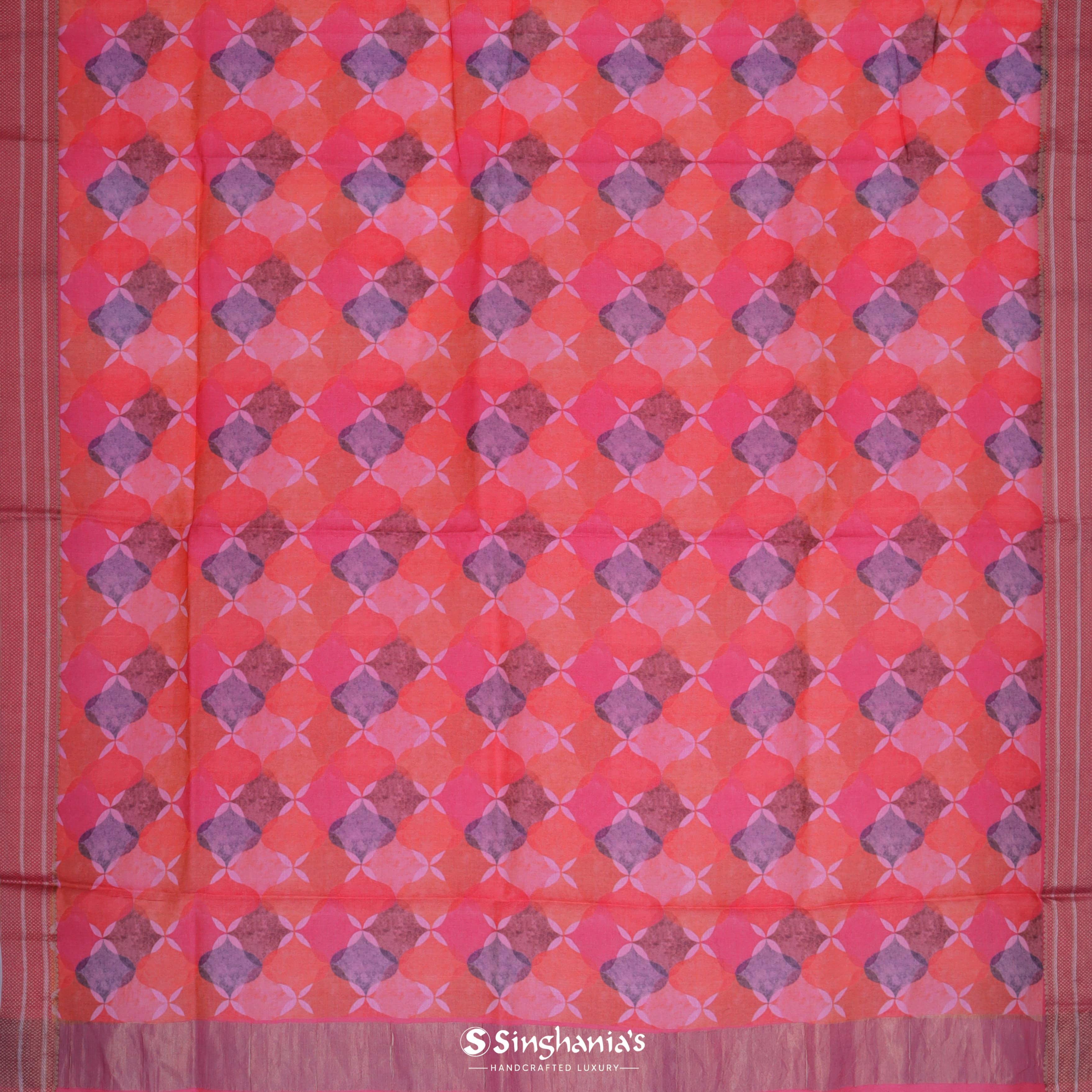 Imperial Red Tussar Printed Silk Saree With Geometrical Pattern