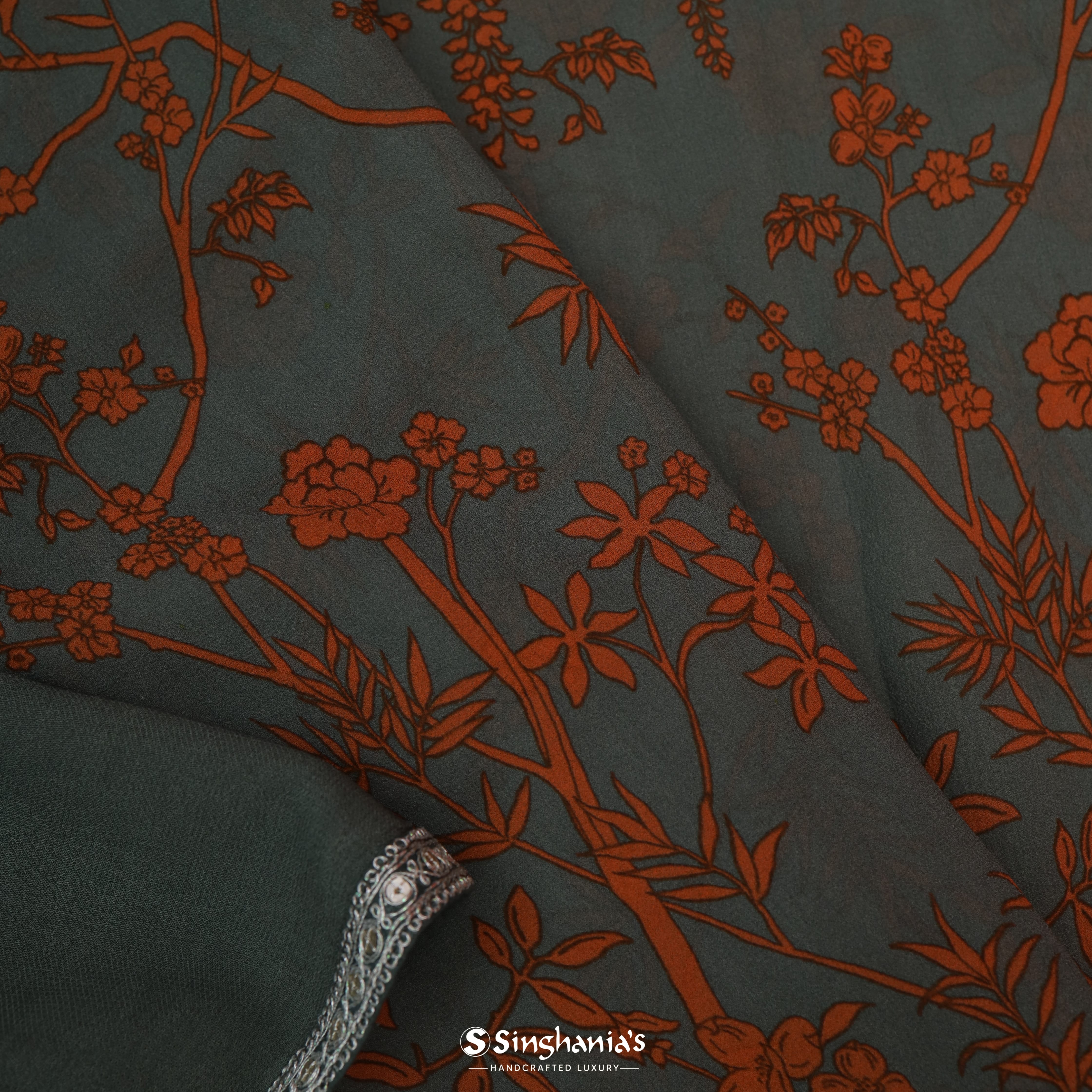 Gray Green Georgette Printed Saree With Nature Inspired Printed Motif Pattern