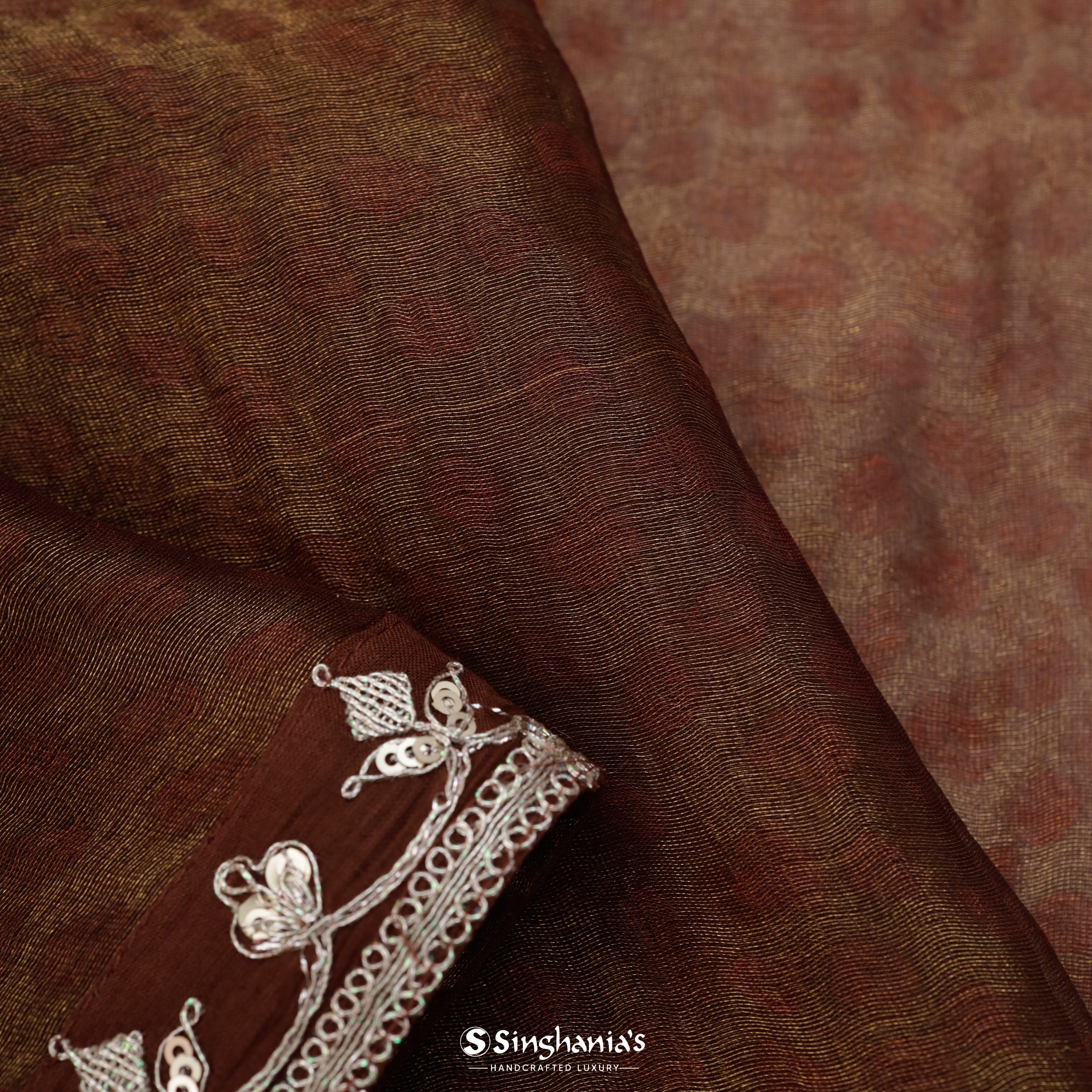 Brownish Red Tissue Saree With Geometrical Pattern