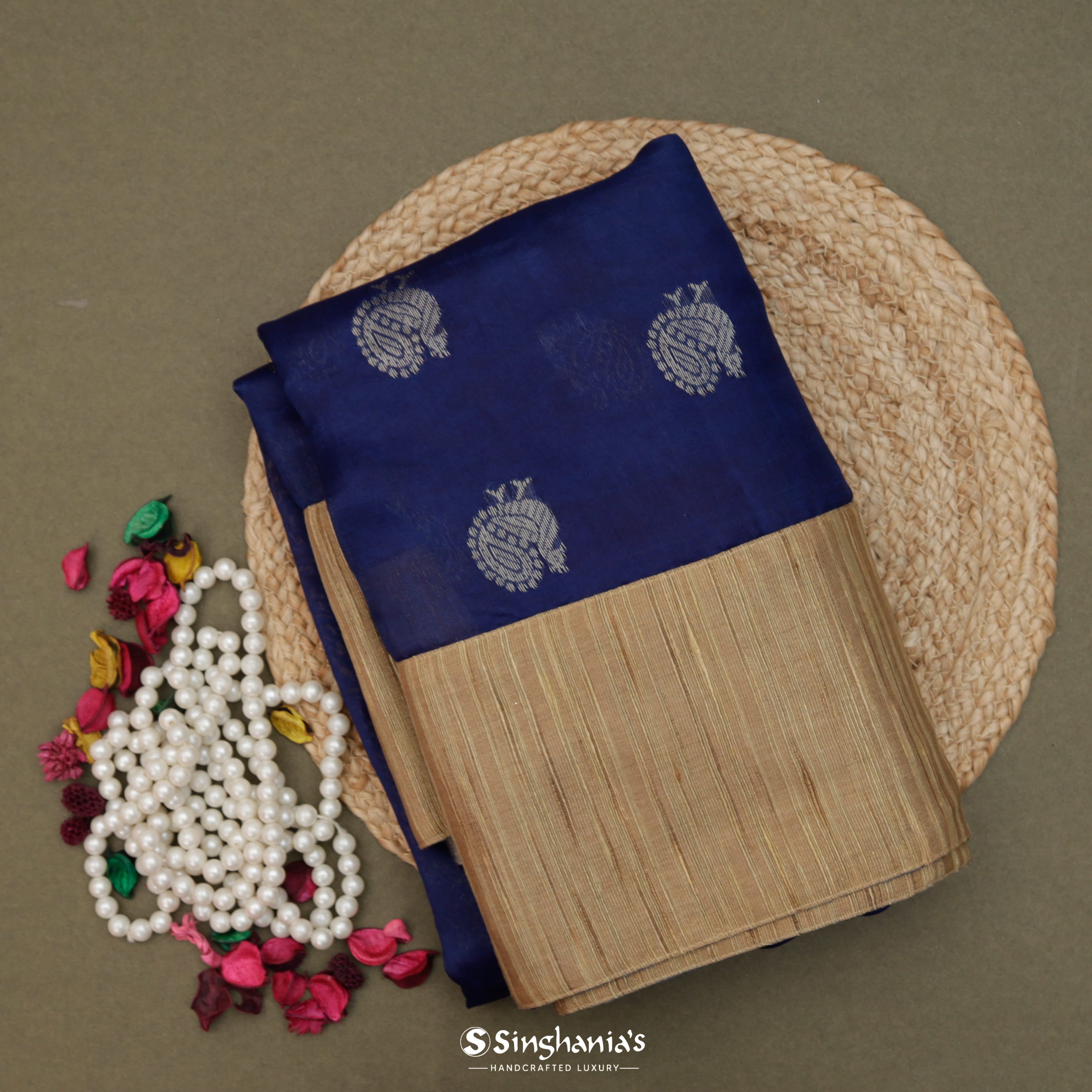 Dark Blue Silk Banarasi Saree With Nature Inspired Birds Motifs