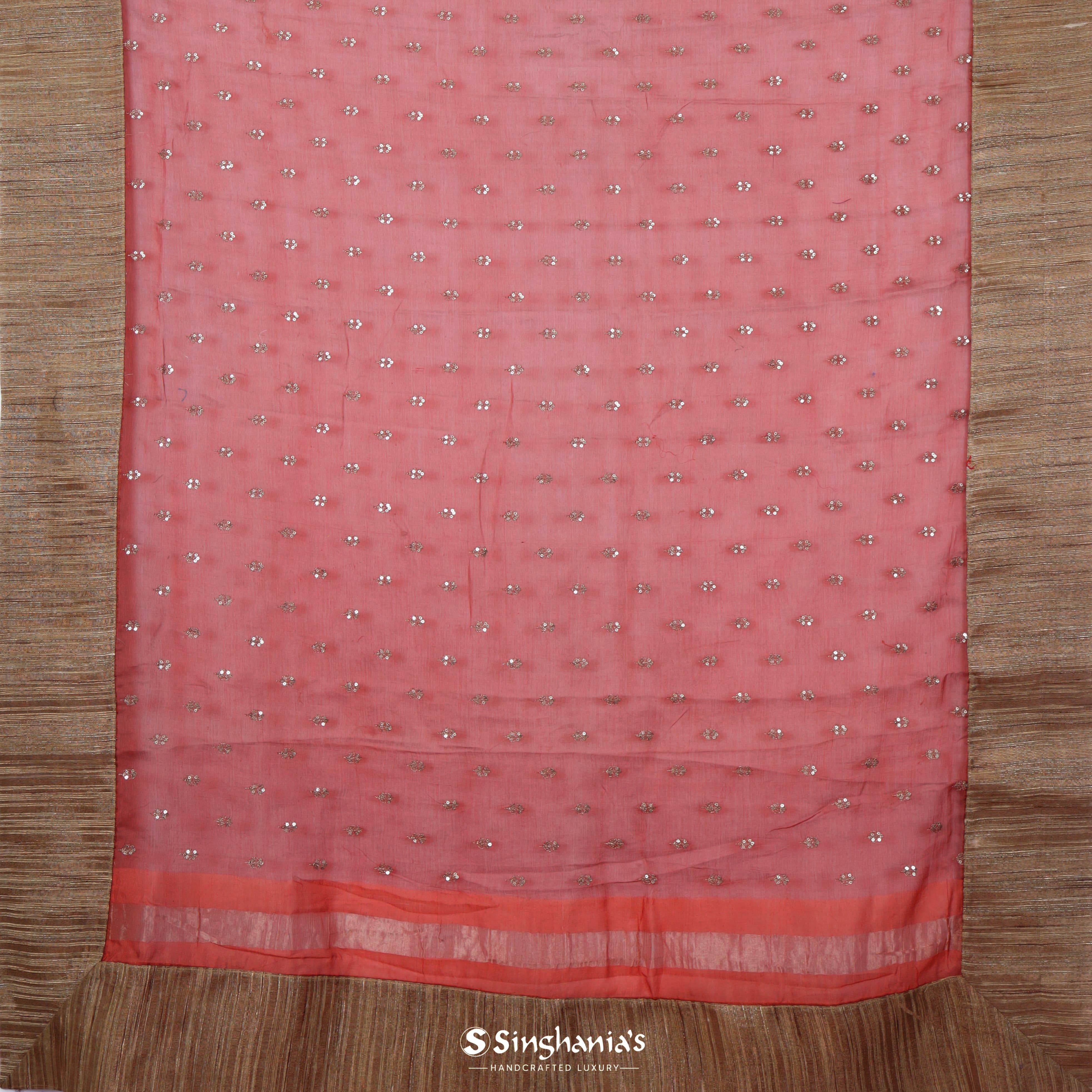 Burnt Red Maheshwari Embroidery Saree With Tiny Floral Buttis