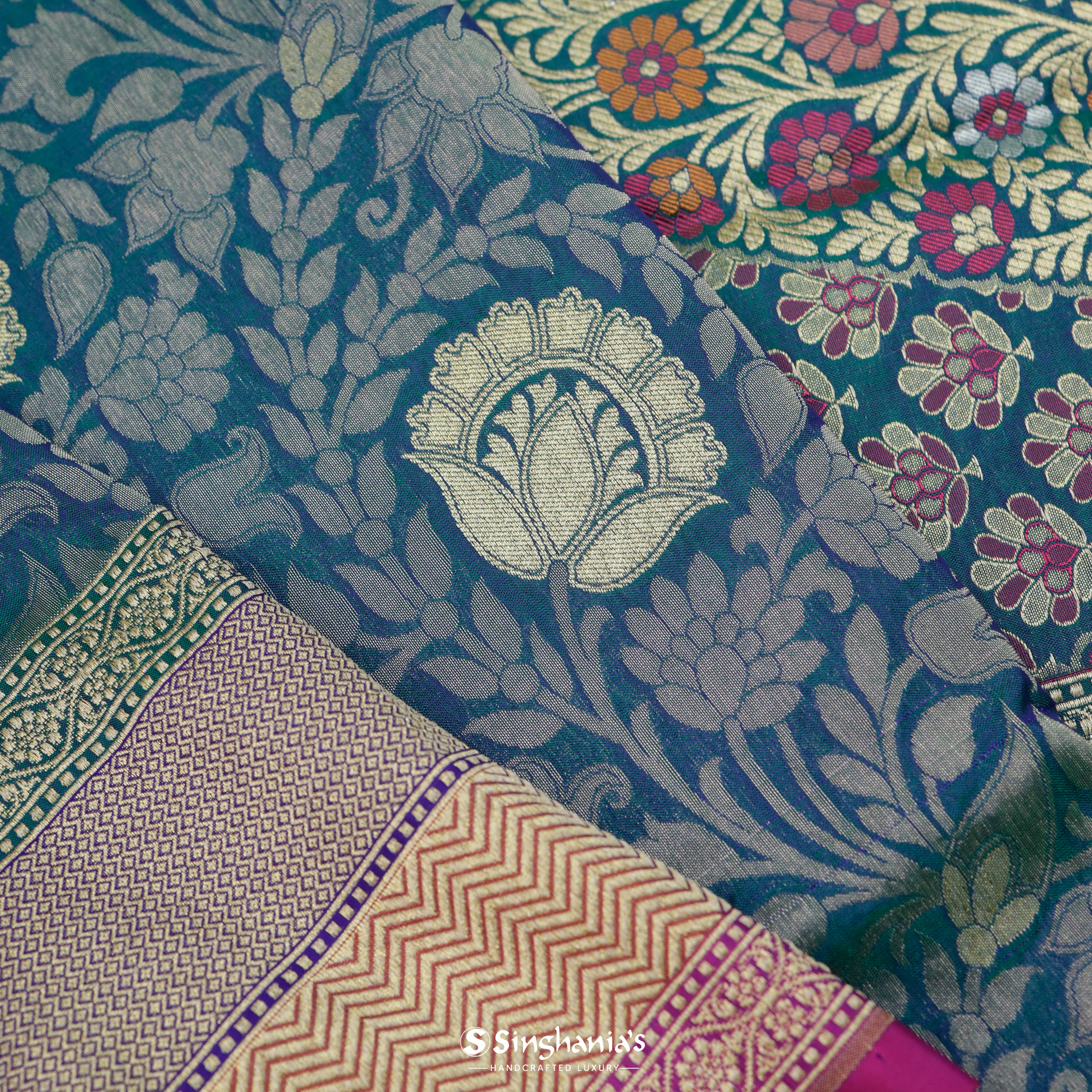 Lapis Blue Silk Banarasi Saree With Floral Jaal Design