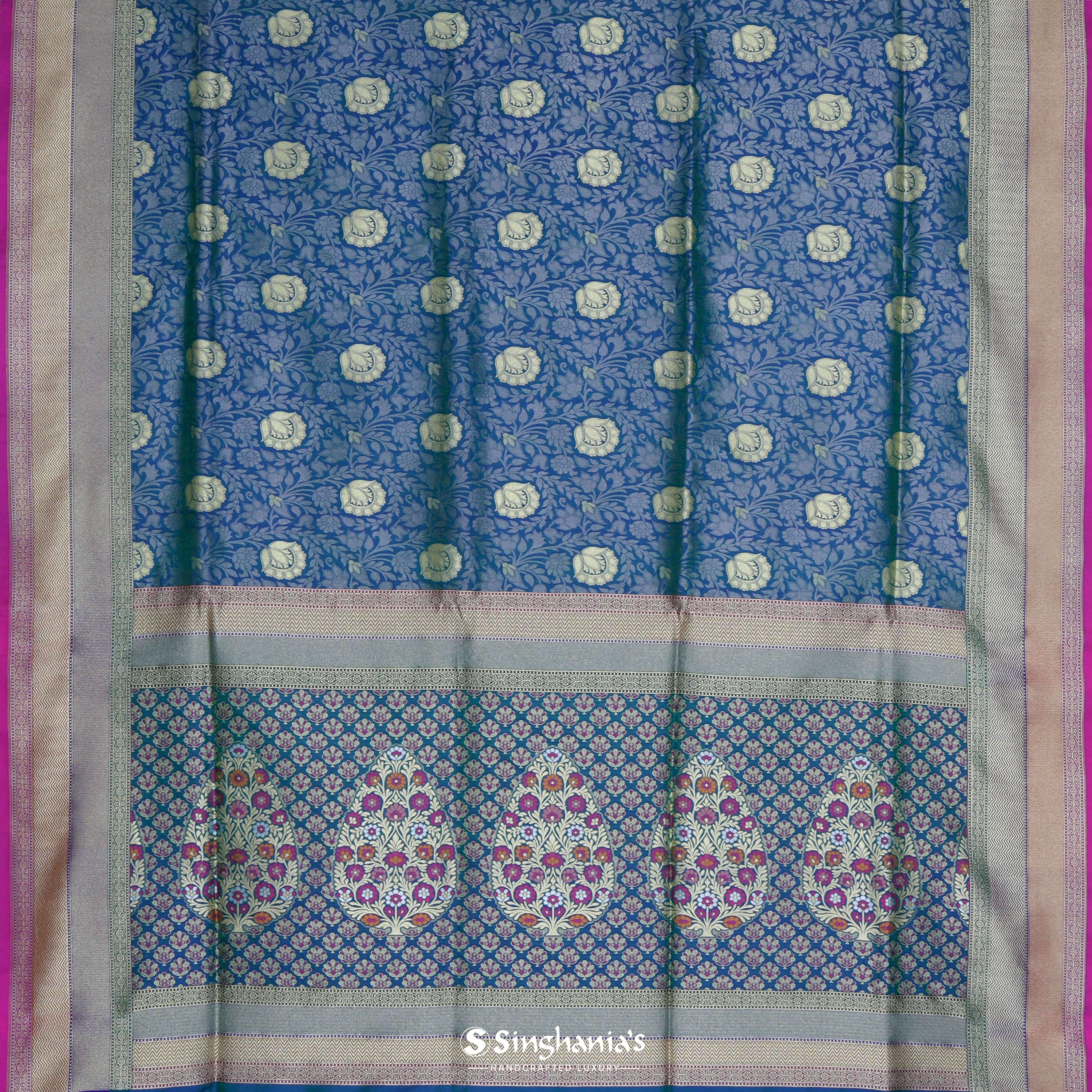 Lapis Blue Silk Banarasi Saree With Floral Jaal Design