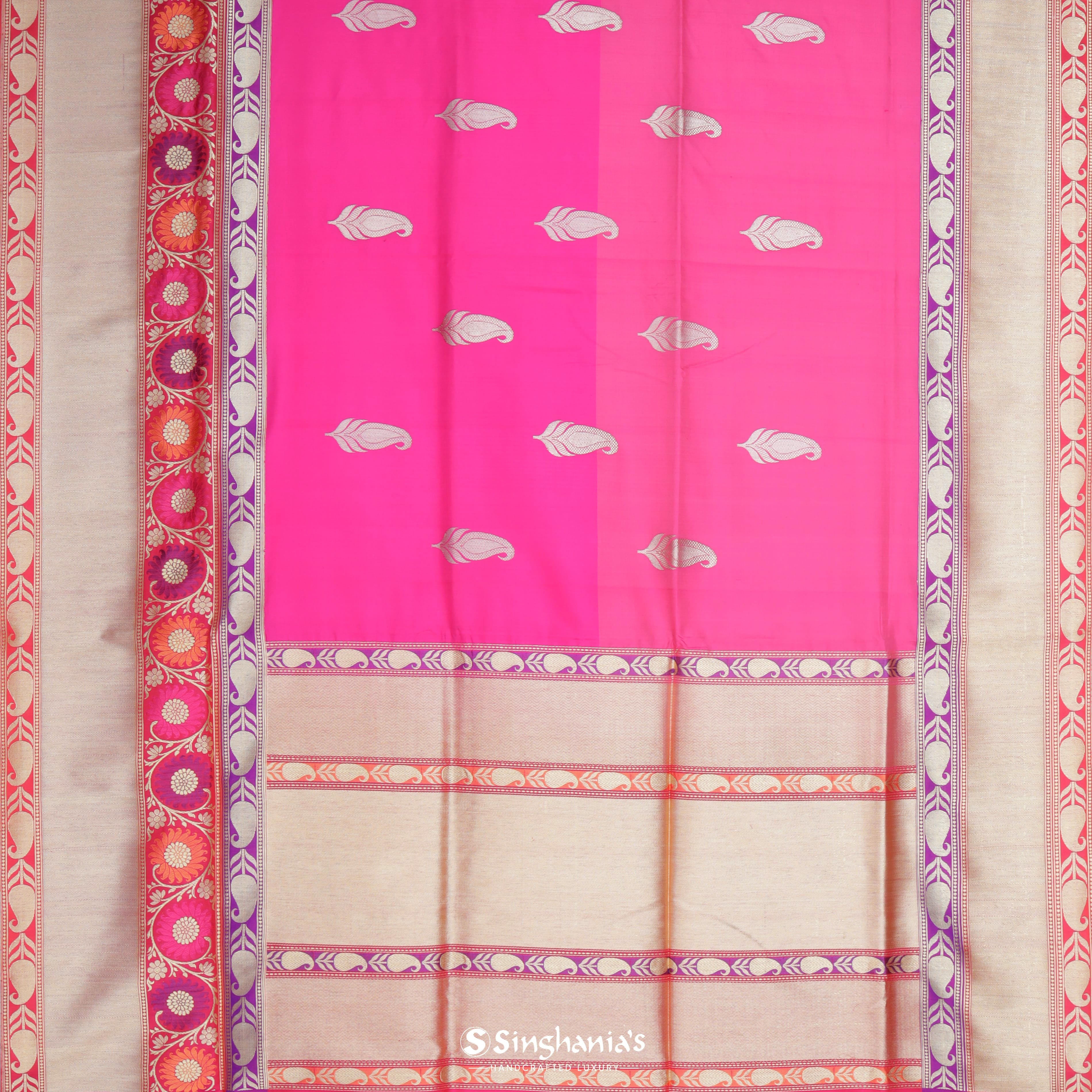 Wild Strawberry Silk Banarasi Saree With Feather Weave Motif