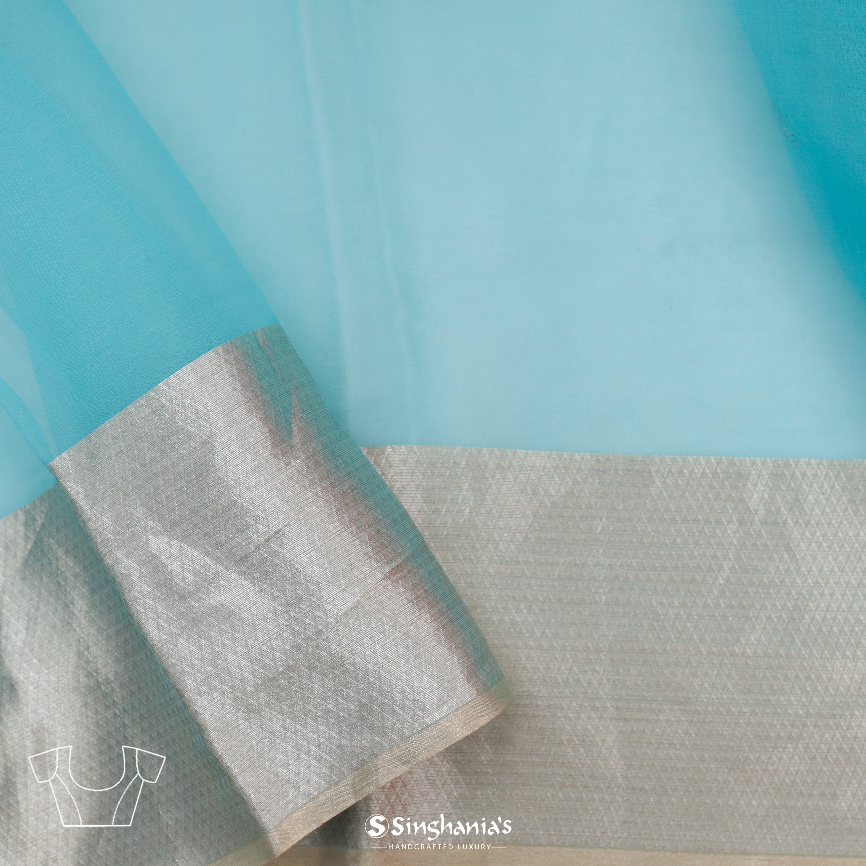 Seafoam Blue Organza Embroidery Saree With Tiny Floral Buttis