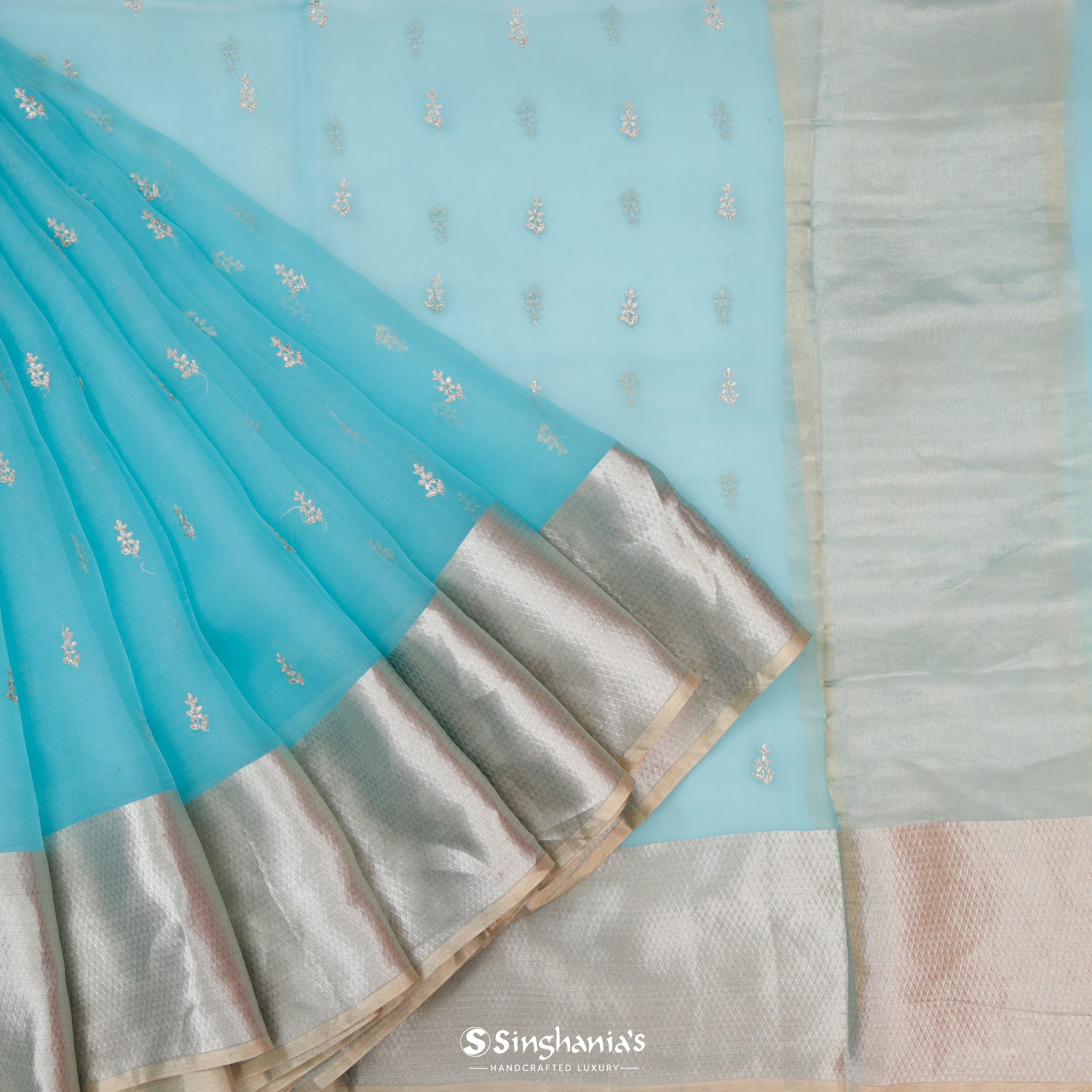 Seafoam Blue Organza Embroidery Saree With Tiny Floral Buttis