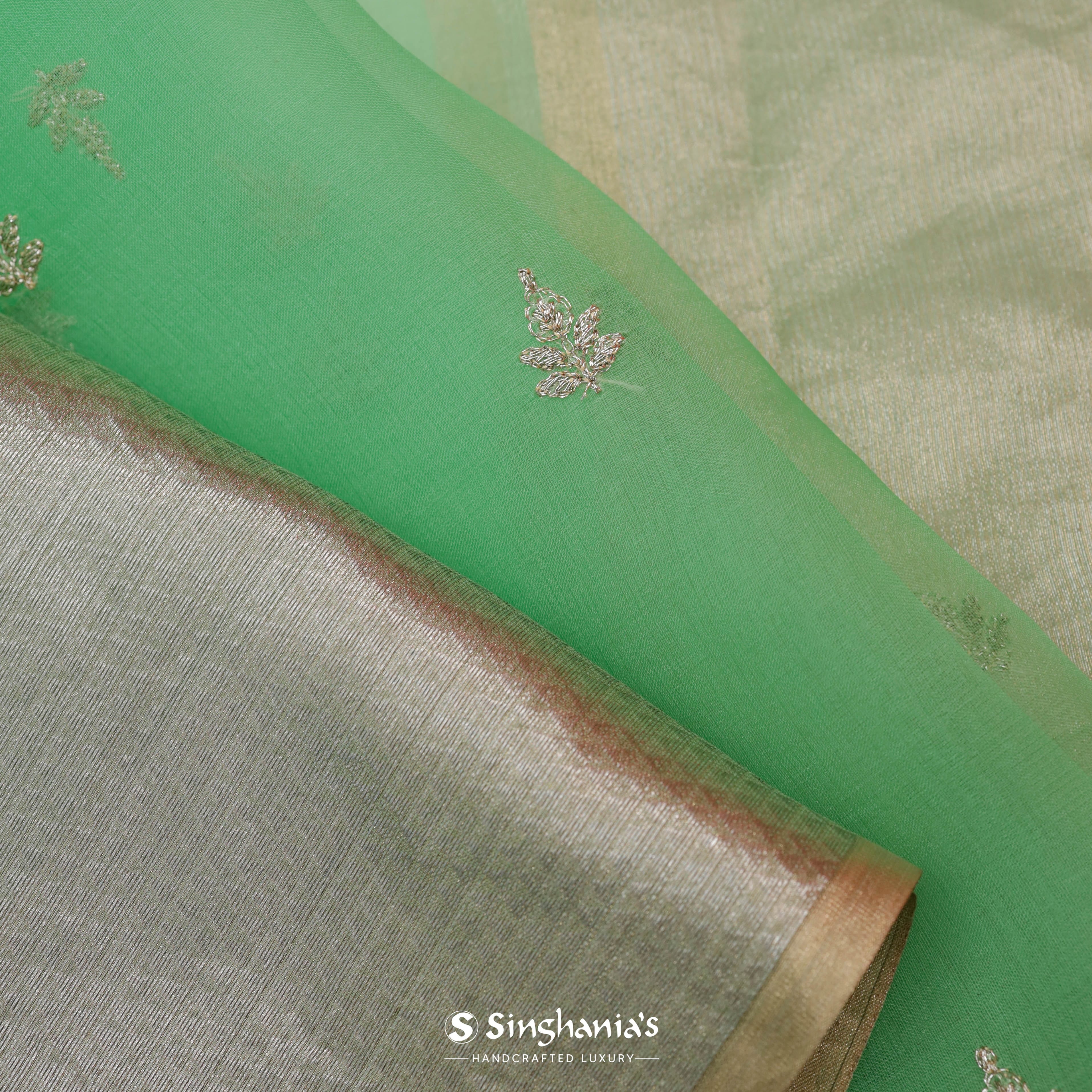 Mint Green Organza Embroidery Saree With Tiny Buttis