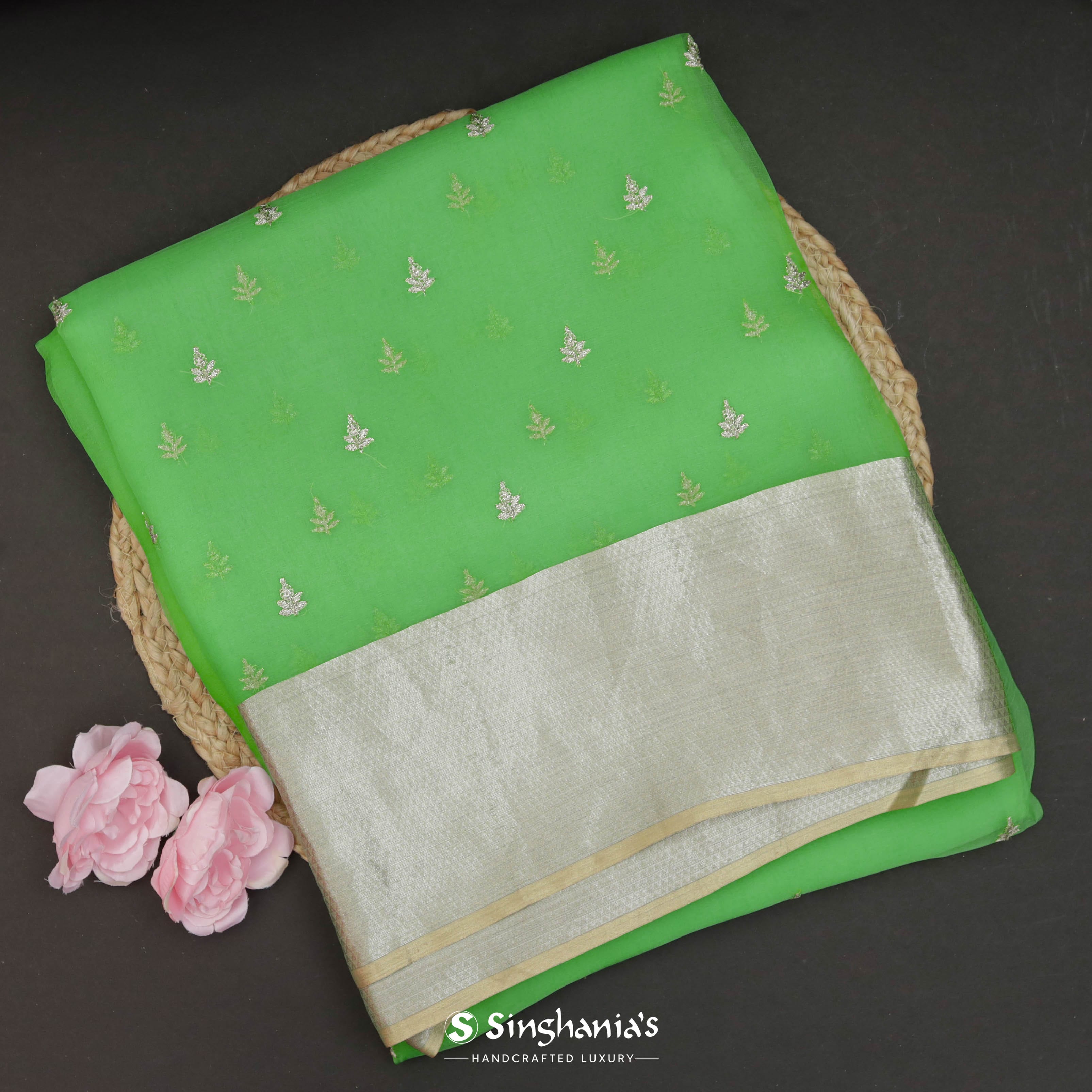Mint Green Organza Embroidery Saree With Tiny Buttis