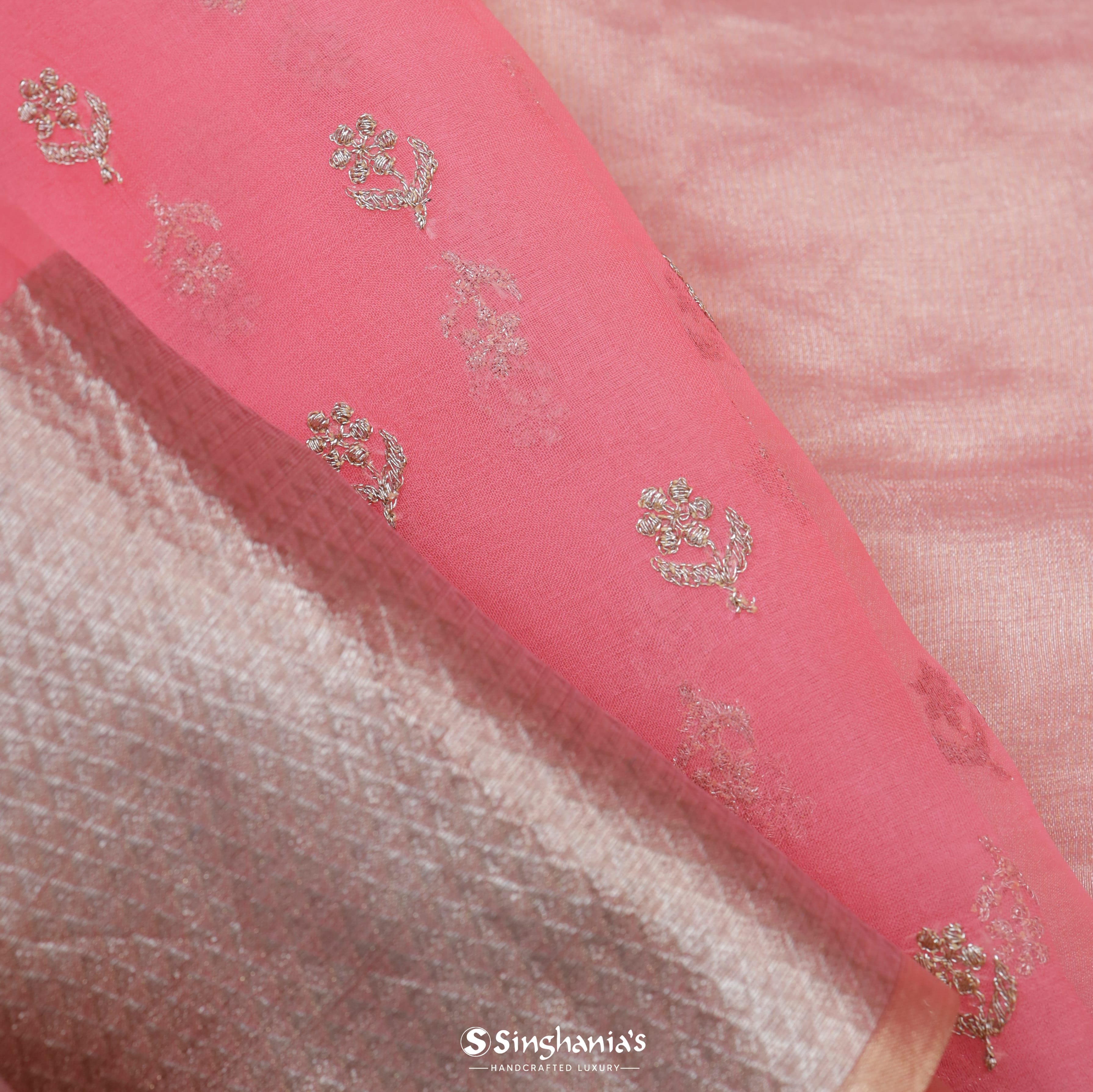 Salmon Pink Organza Embroidery Saree With Tiny Buttis