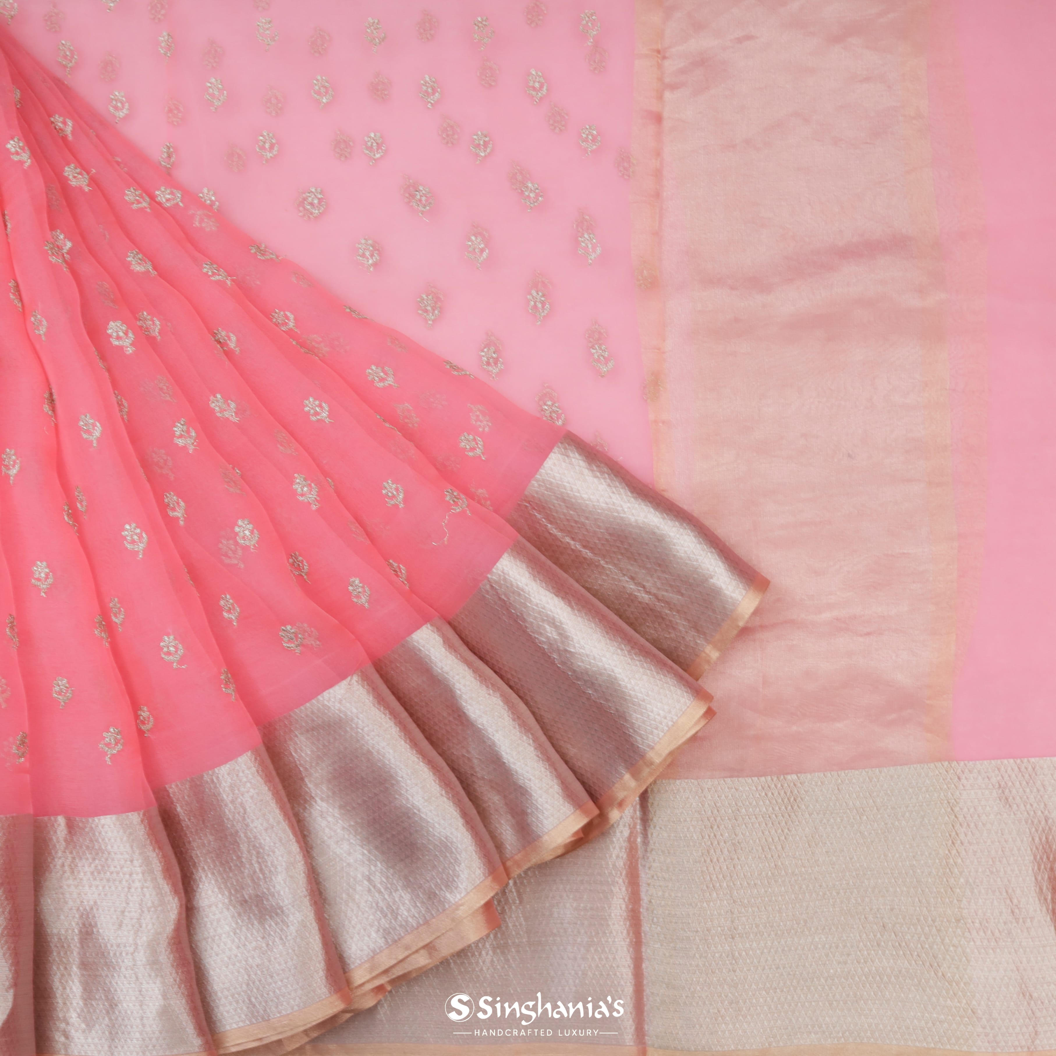 Salmon Pink Organza Embroidery Saree With Tiny Buttis