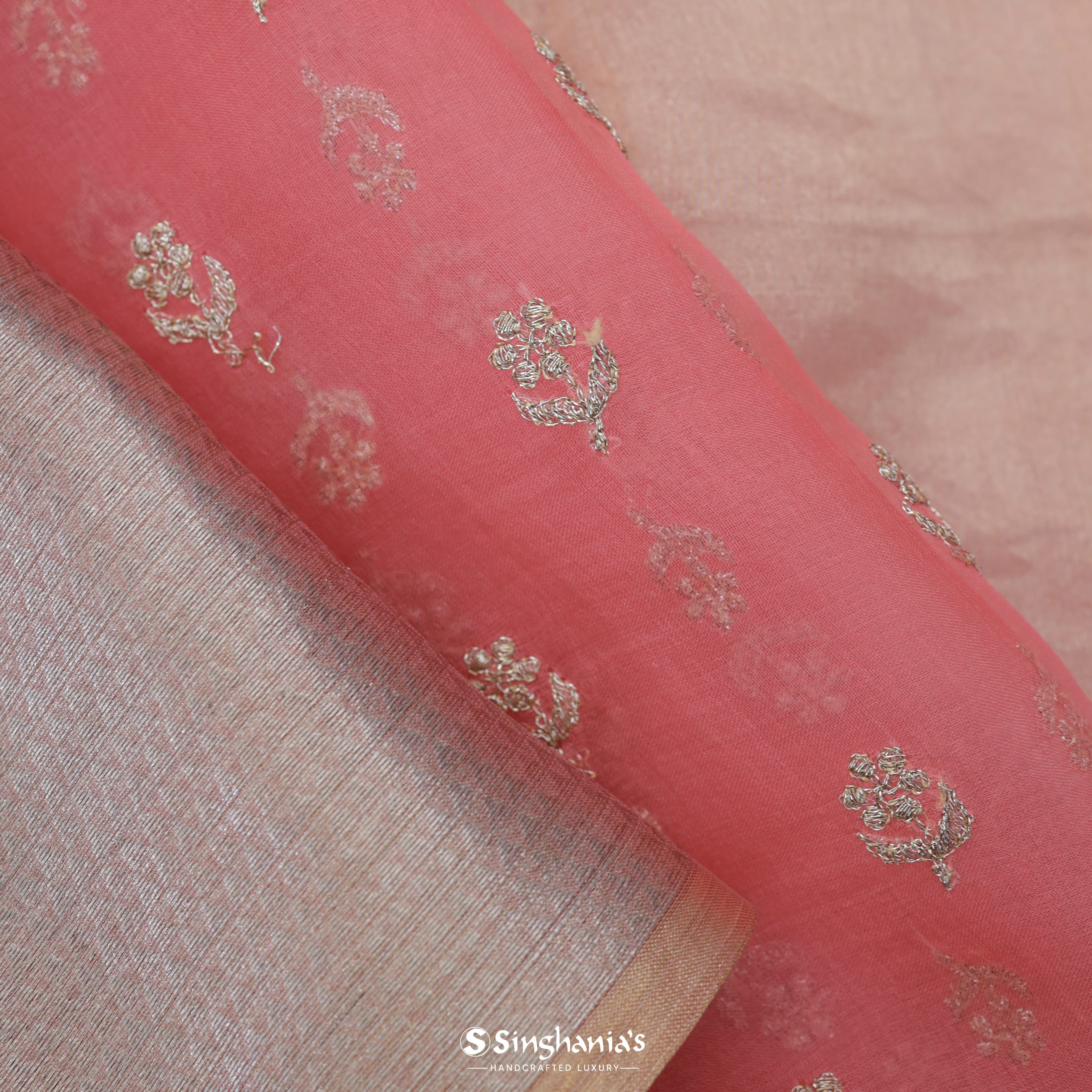 Cherry Blossom Pink Organza Embroidery Saree With Floral Buttas