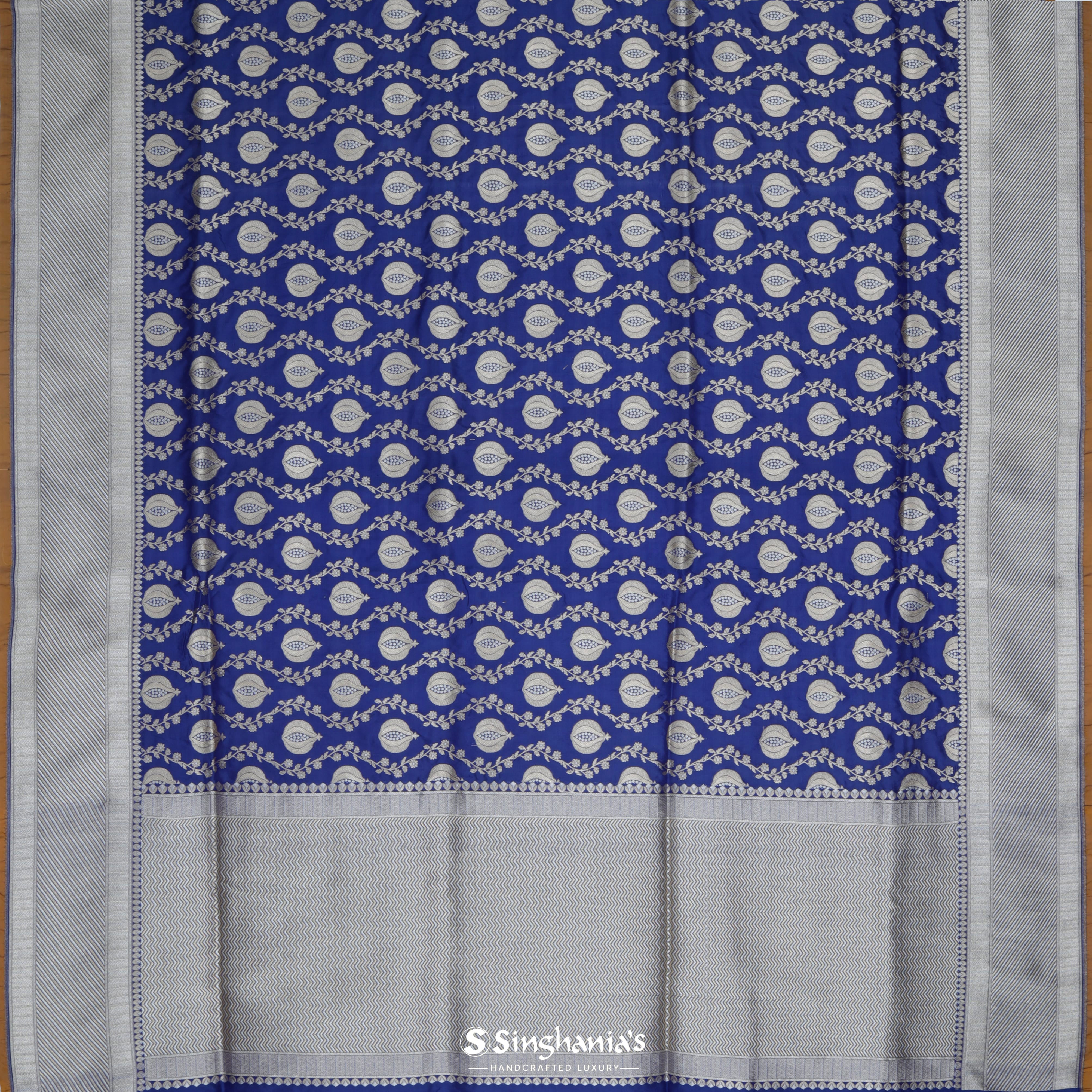 Dark Blue Silk Banarasi Handloom Saree With Striped Floral Pattern