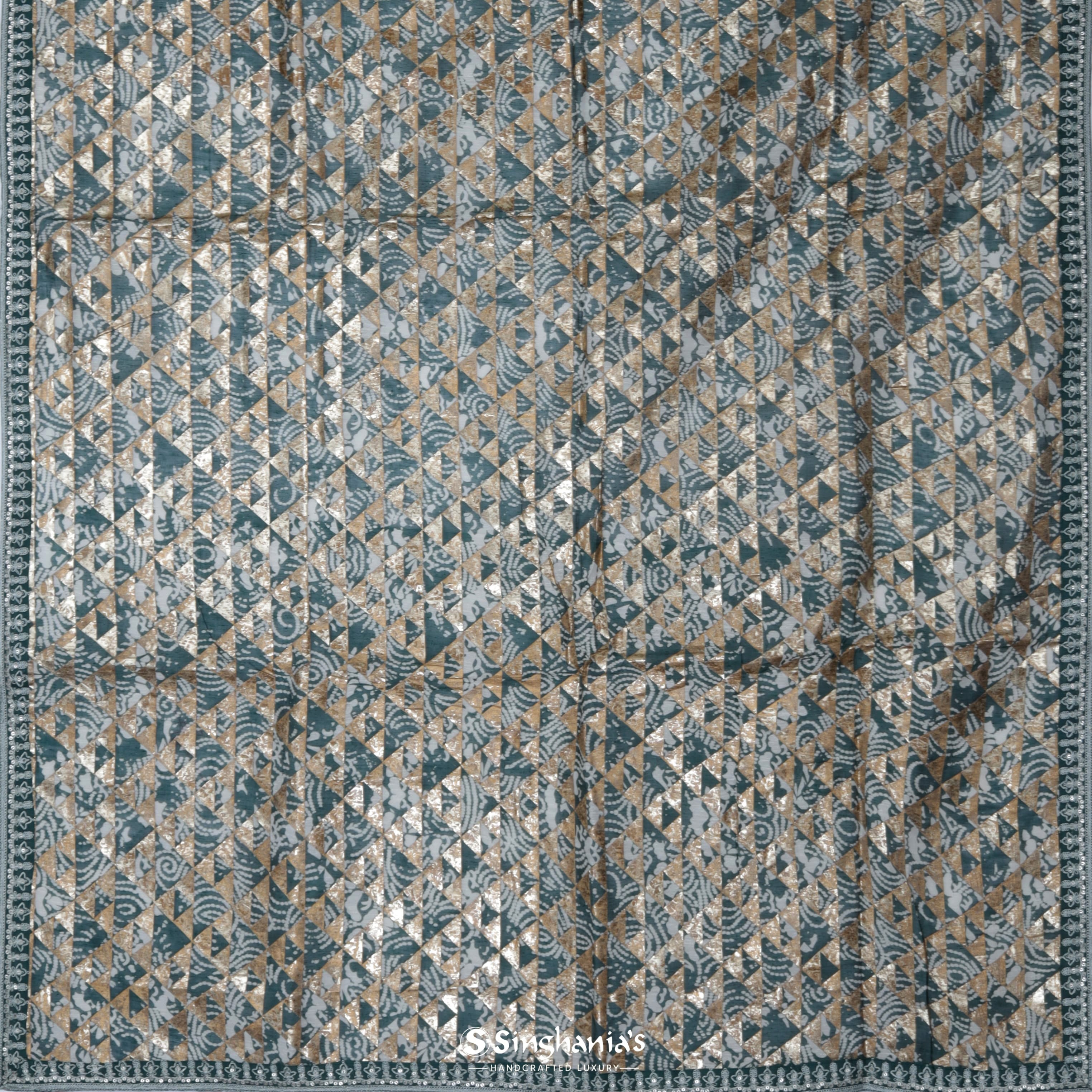 Deep Pine Green Linen Banarasi Handloom Saree With Geometrical Pattern