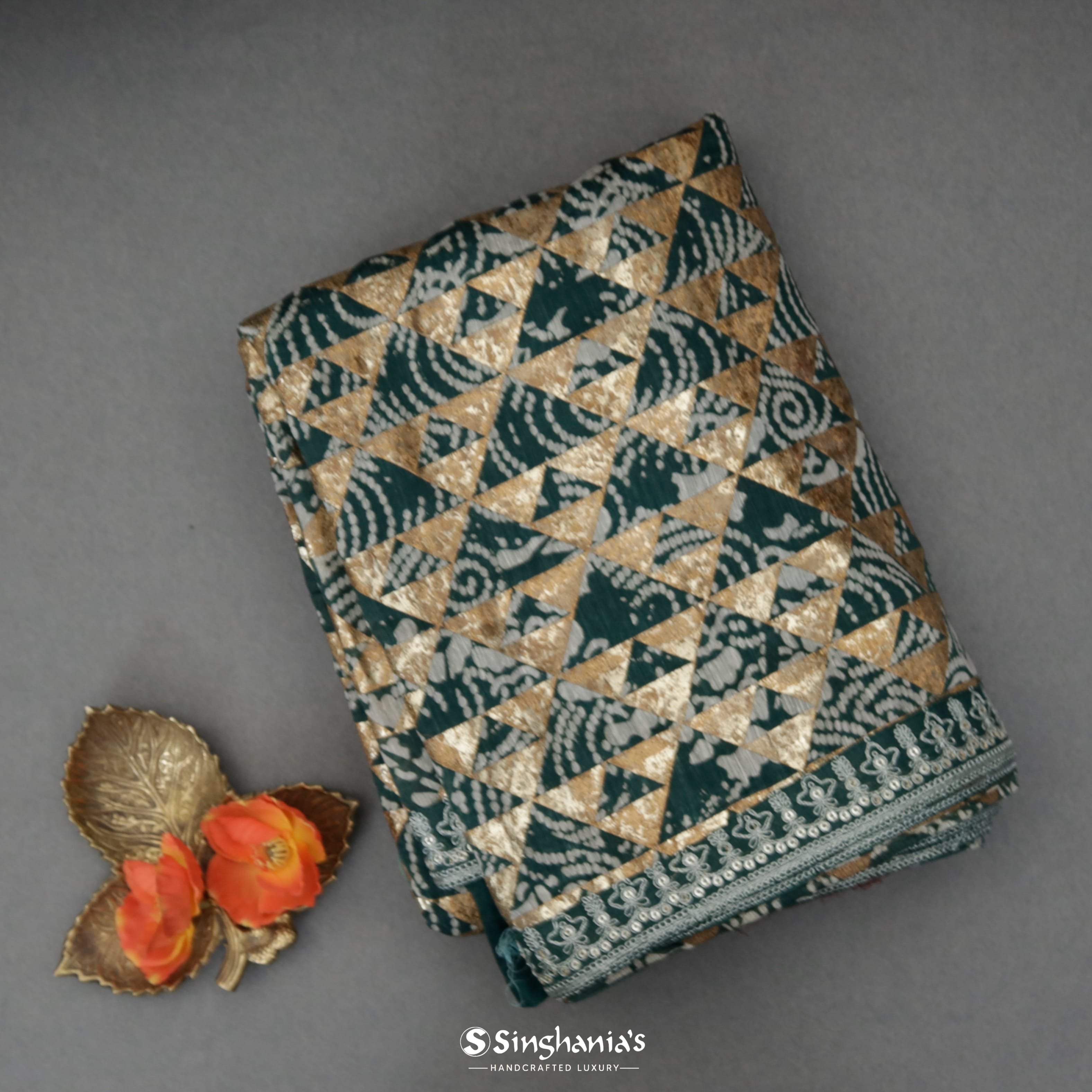 Deep Pine Green Linen Banarasi Handloom Saree With Geometrical Pattern