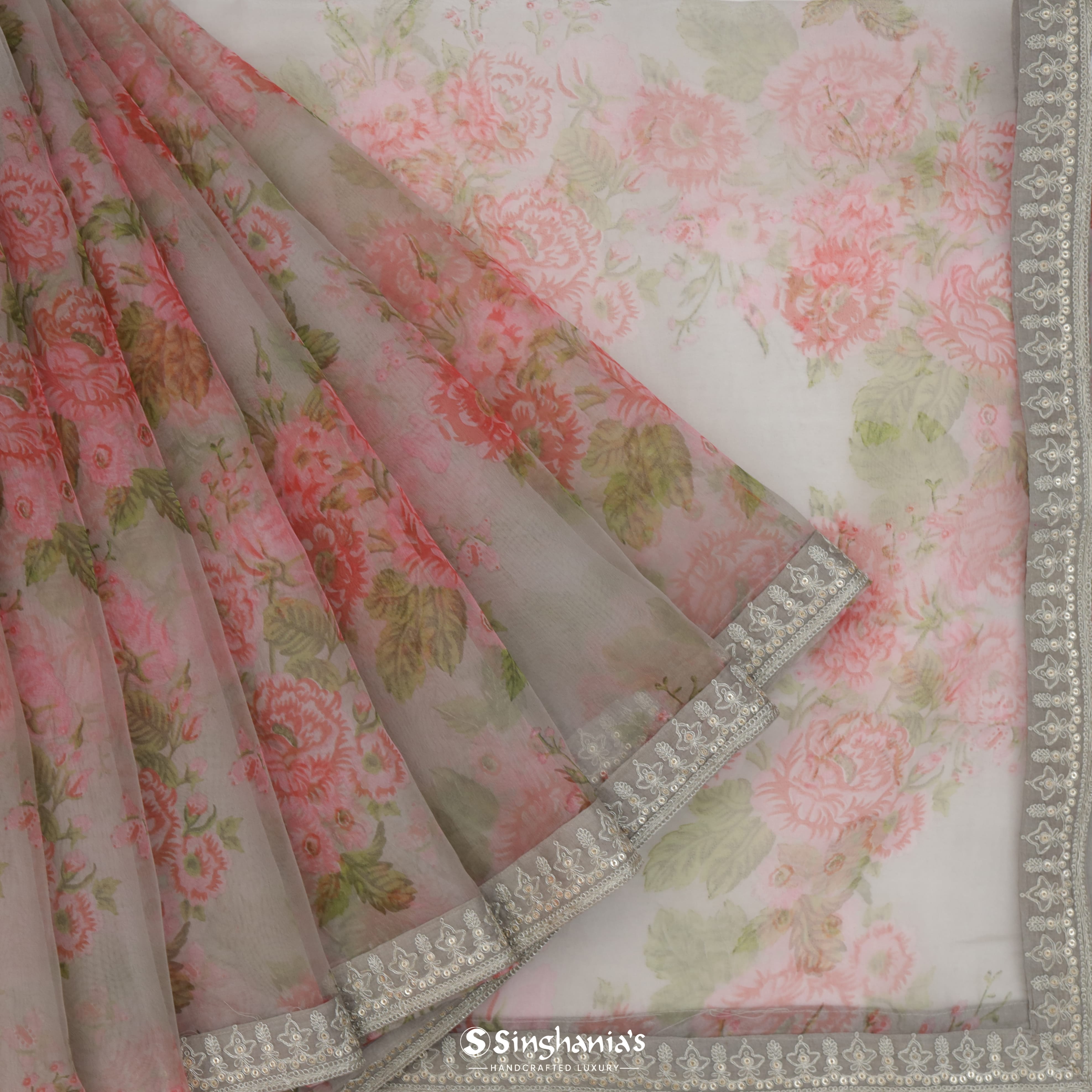 Off White Organza Printed Saree With Floral Jaal Pattern