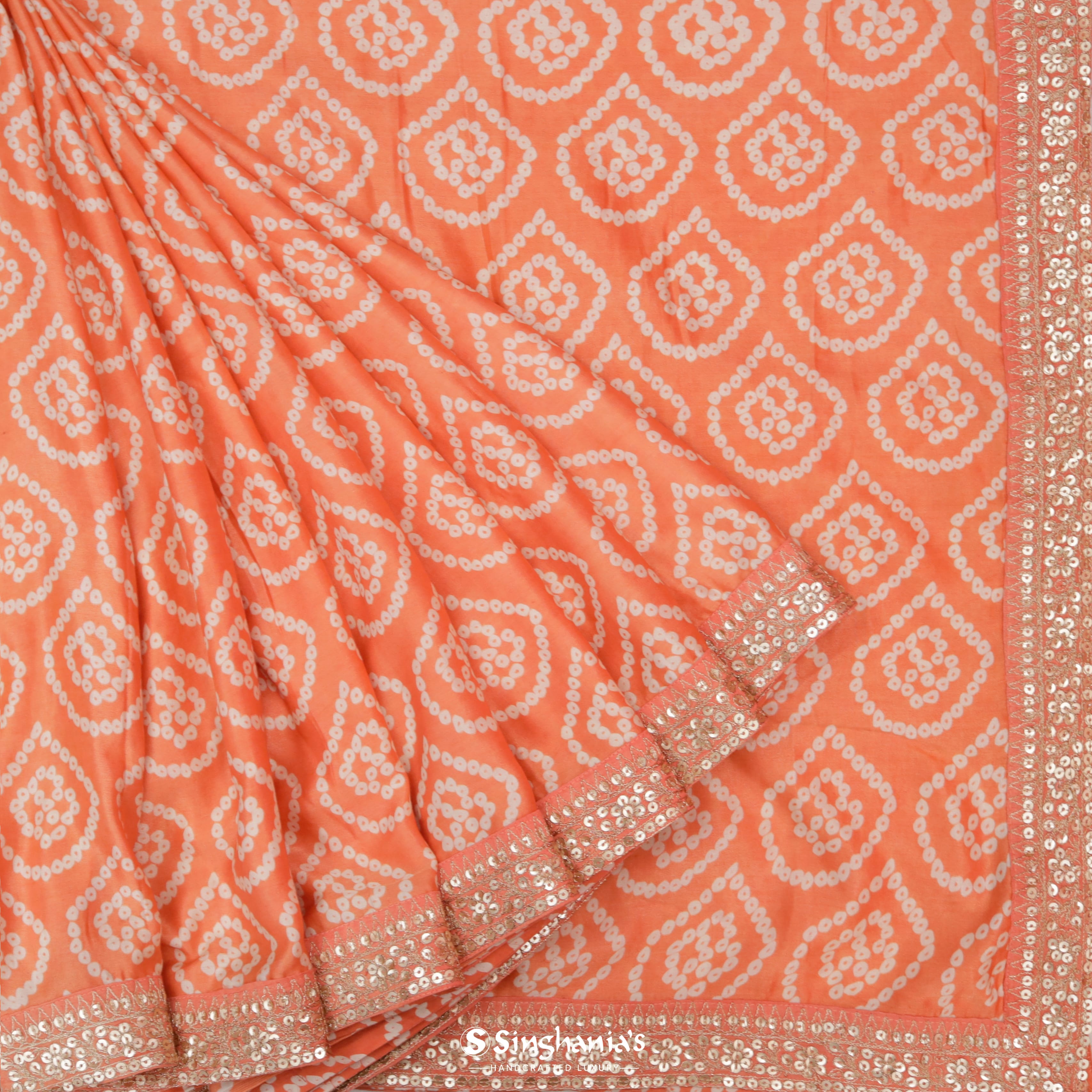Coral Orange Satin Embroidery Saree With Geometrical Pattern
