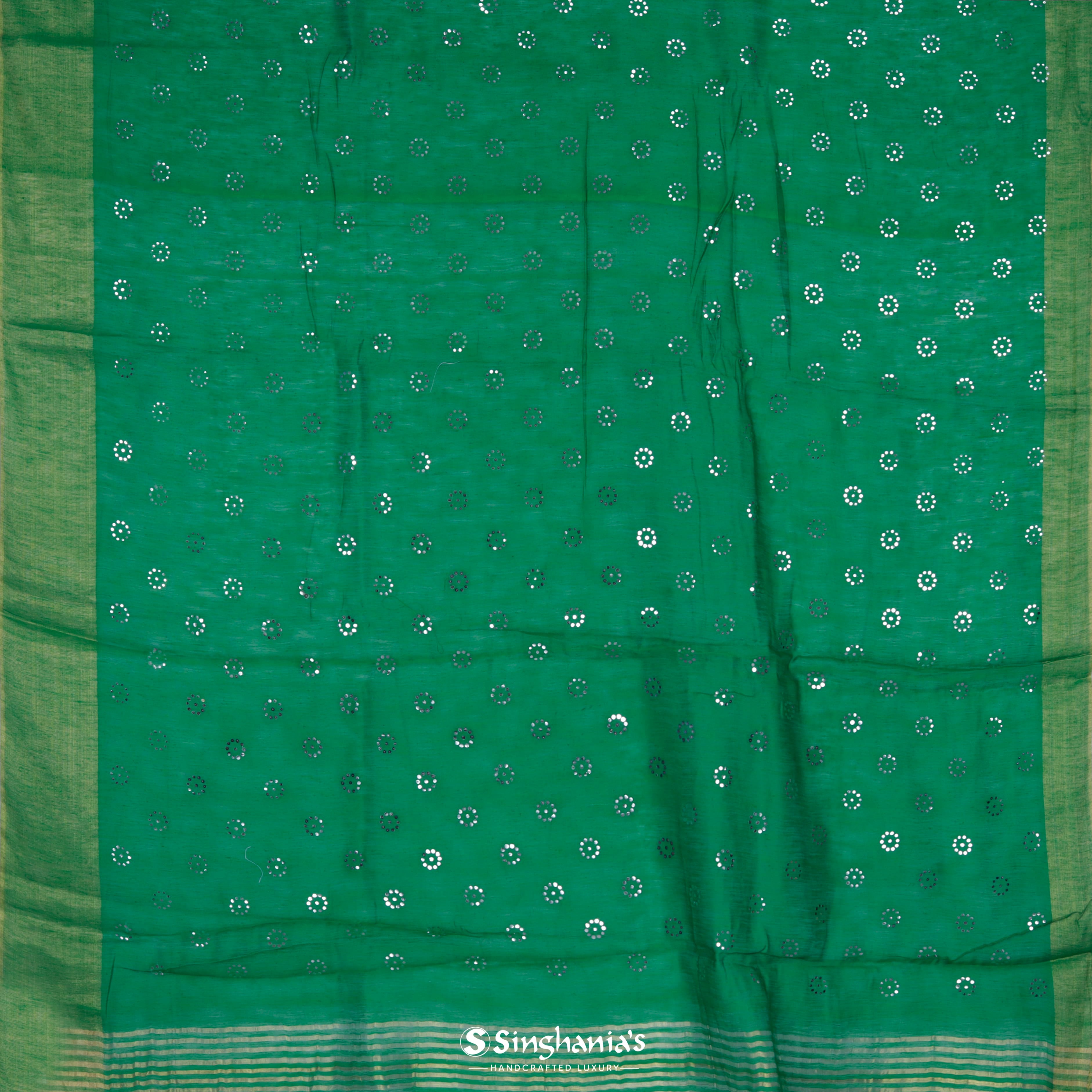 Dark Green Linen Printed Handloom Saree With Foil Print