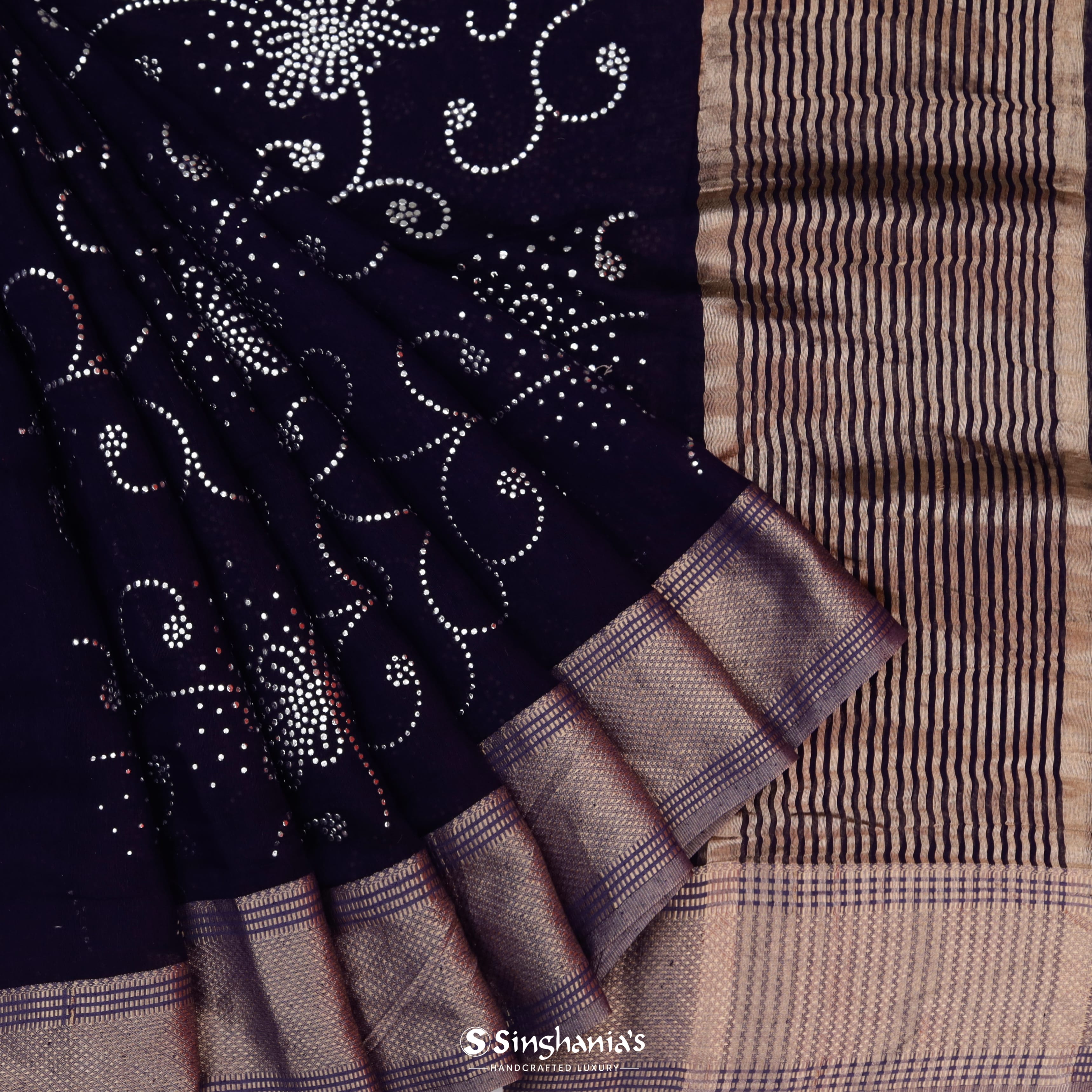 Dark Navy Blue Linen Printed Saree With Foil Print