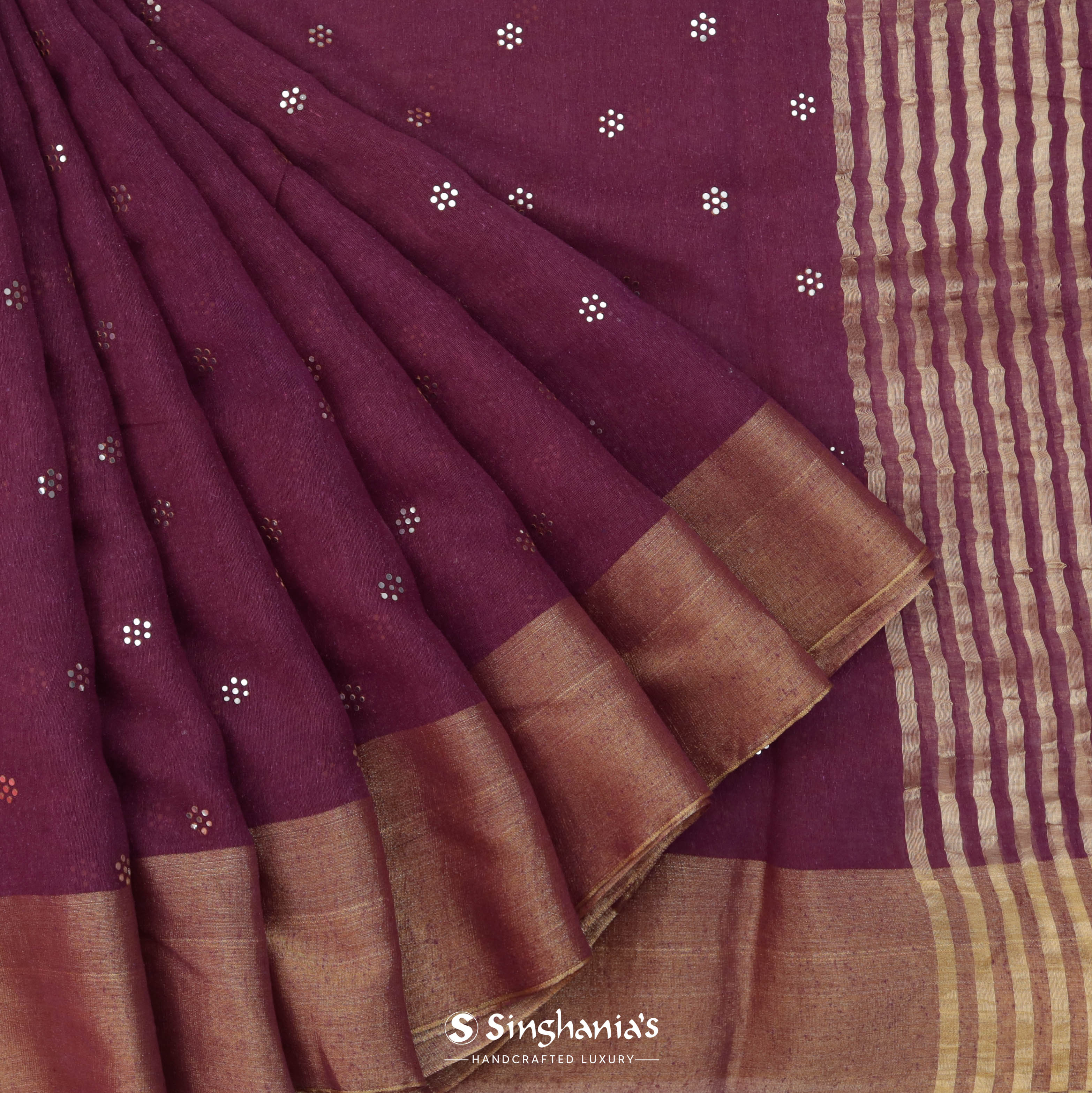 Deep Magenta Linen Printed Handloom Saree With Foil Print