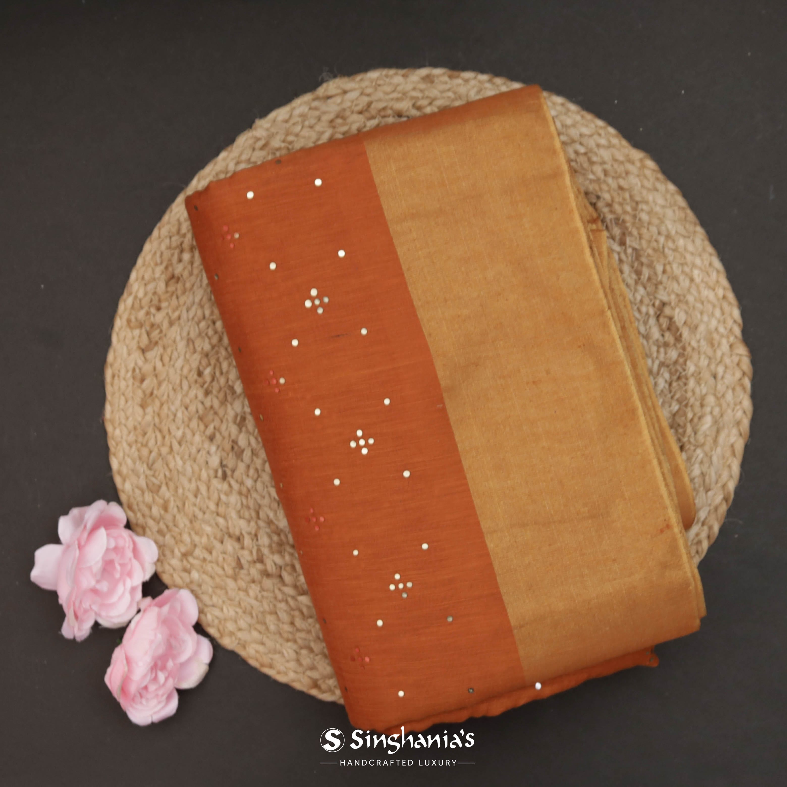 Marmalade Orange Linen Printed Handloom Saree With Foil Print