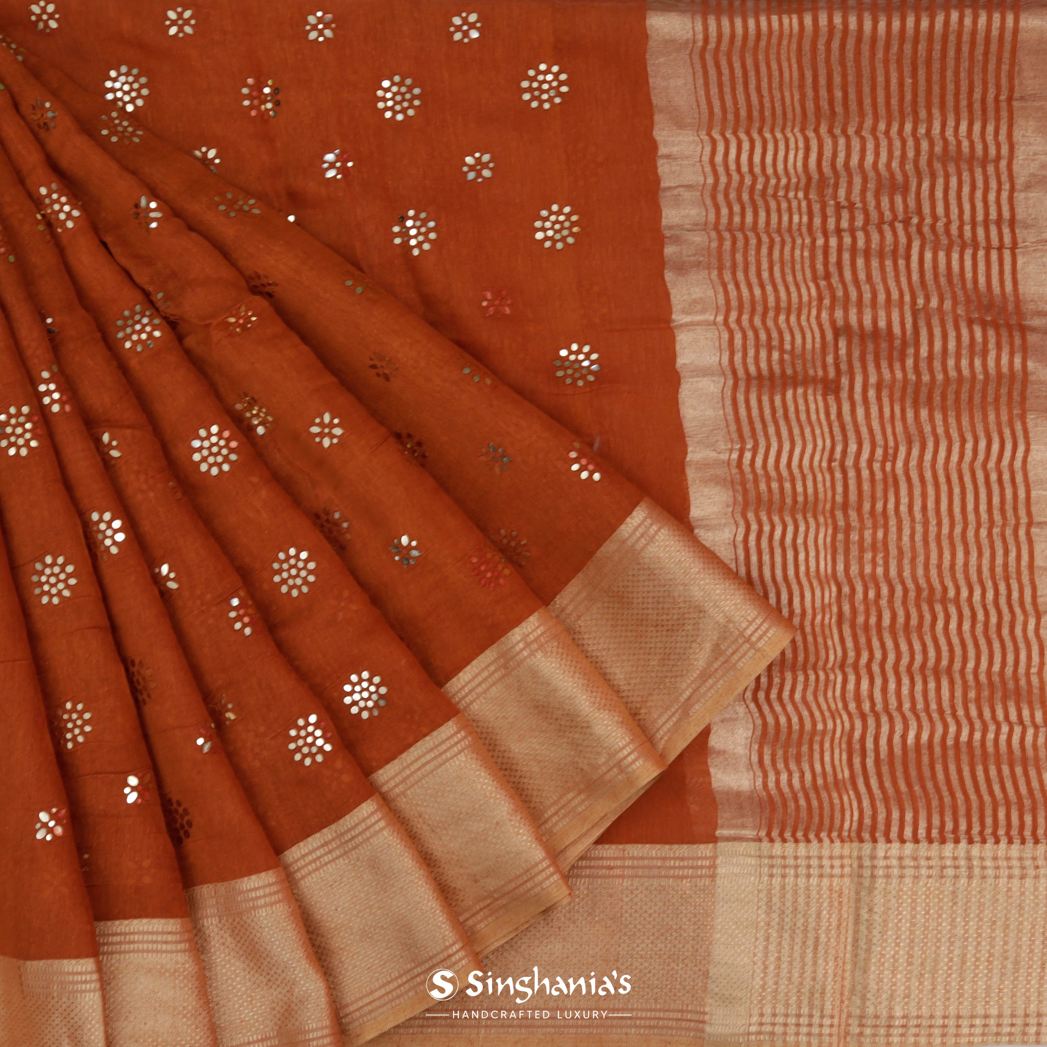 Chilli Red Linen Printed Handloom Saree With Foil Print