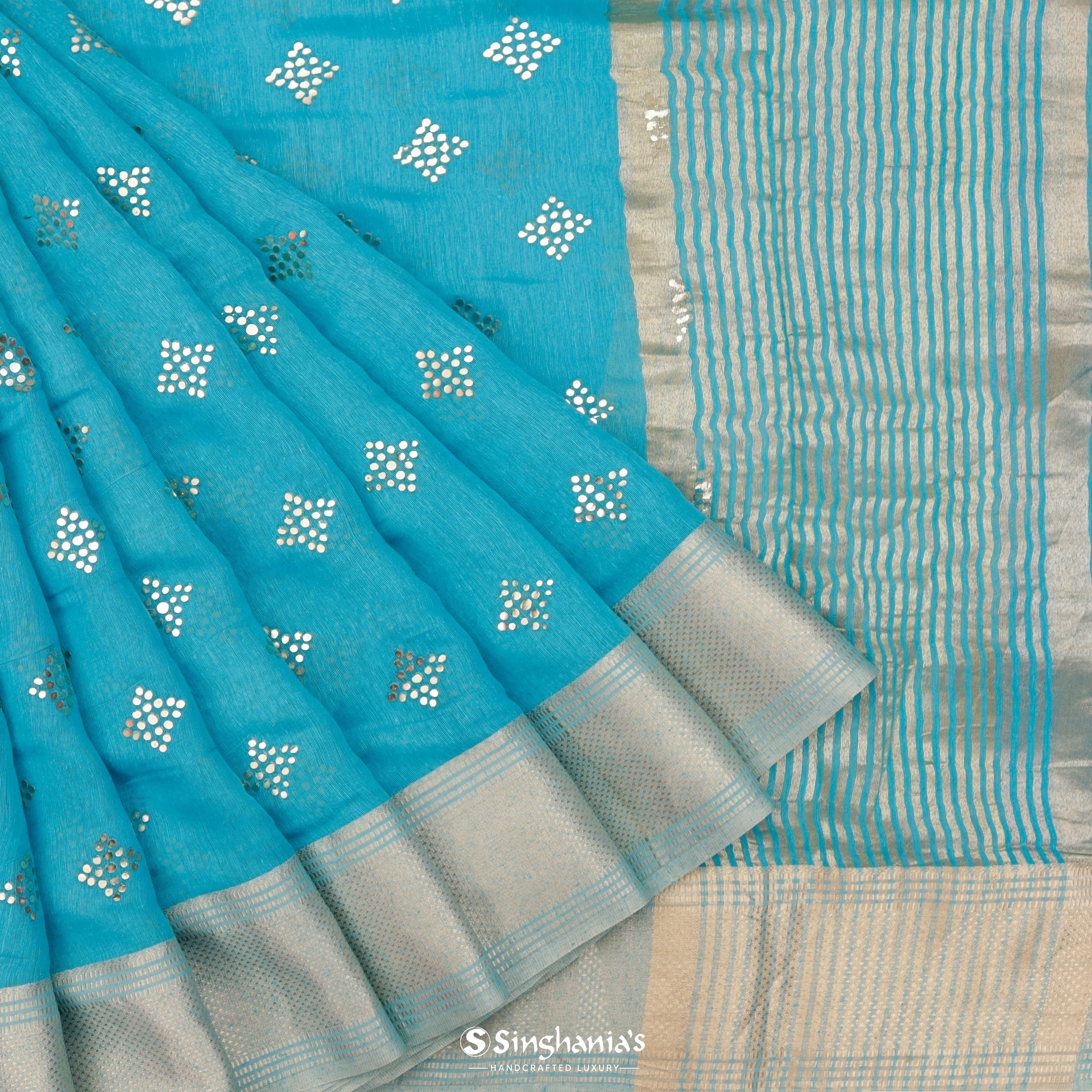 Vivid Sky Linen Printed Handloom Saree With Foil Print