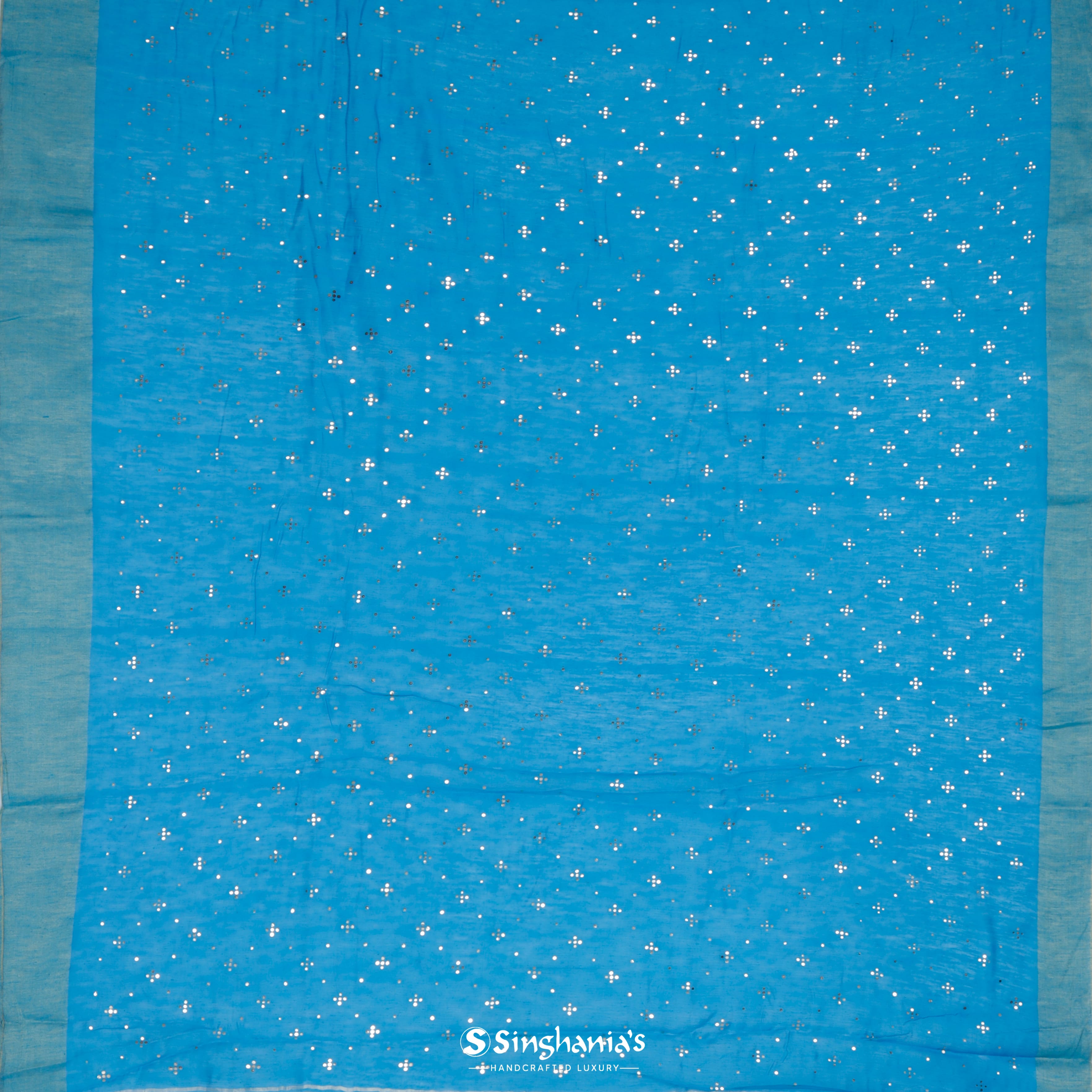 Sea Blue Linen Printed Handloom Saree Geometrical Pattern