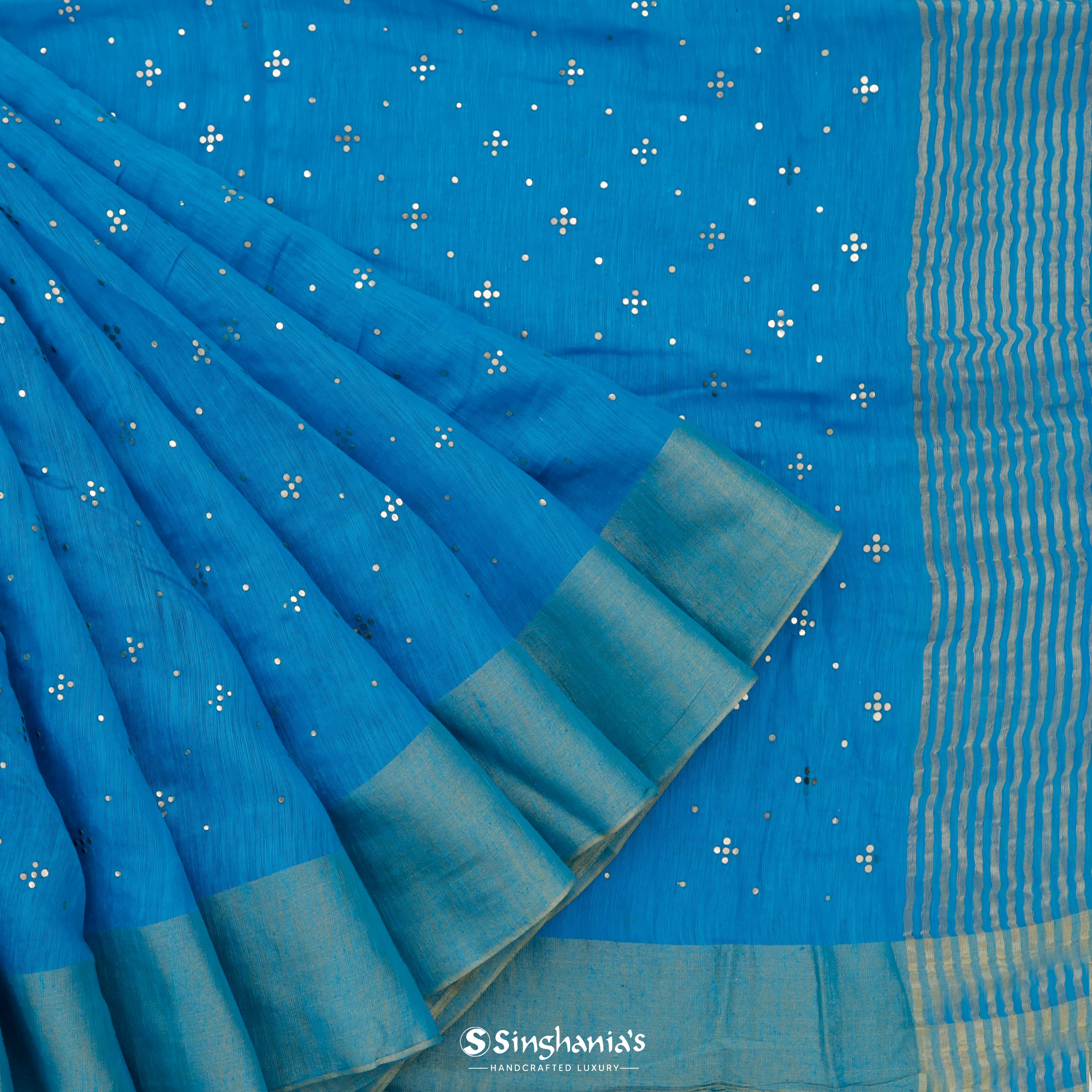 Sea Blue Linen Printed Handloom Saree Geometrical Pattern