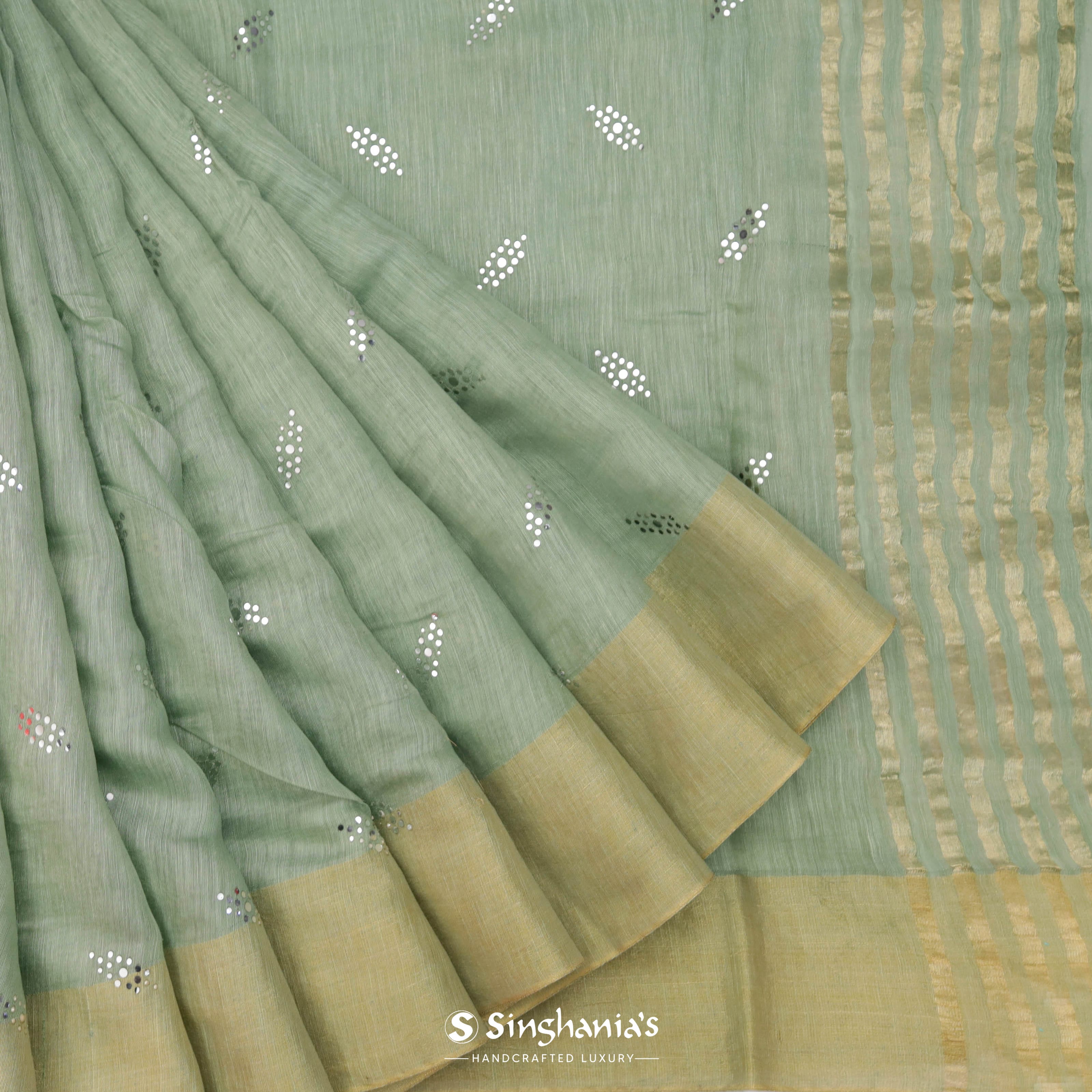 Light Green Linen Printed Handloom Saree With Foil Print