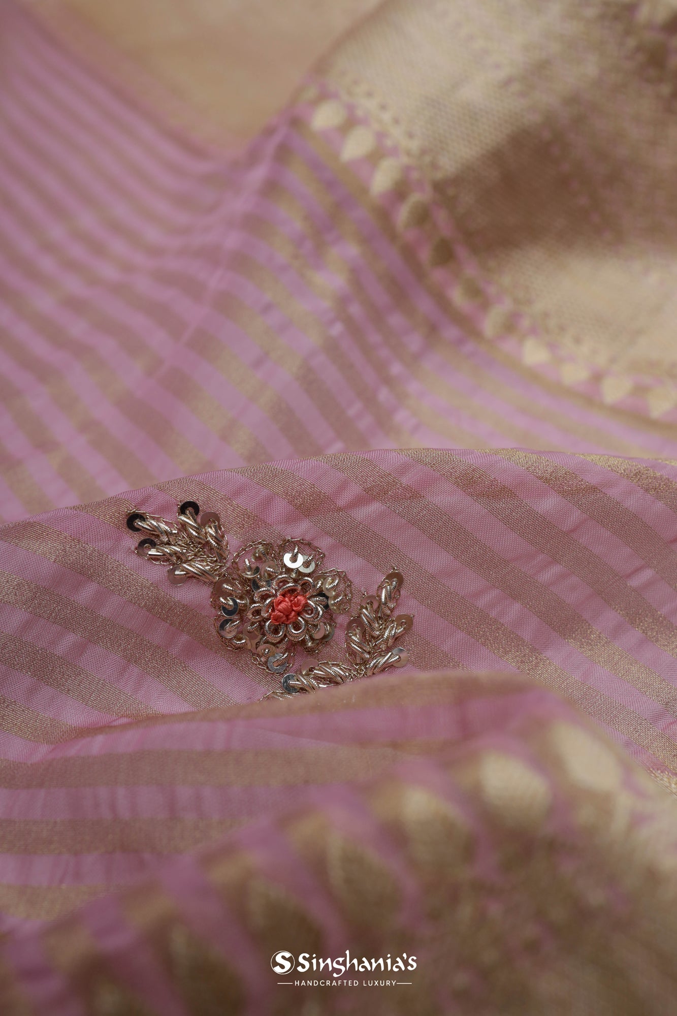 Light Pink Banarasi Silk Saree With Floral Embroidery