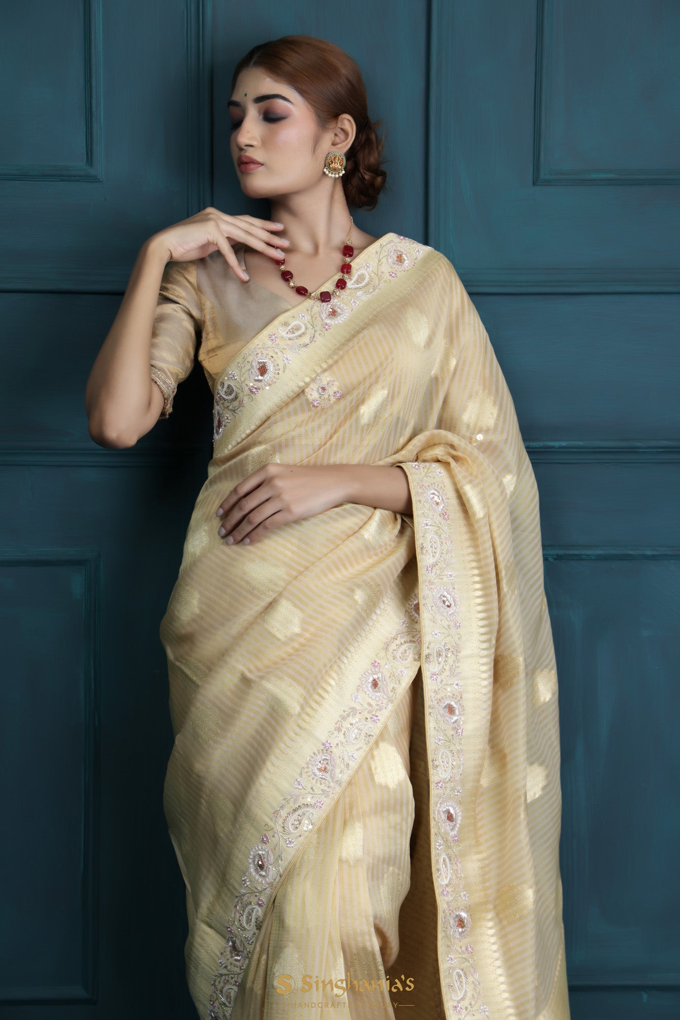 Sand Yellow Designer Tussar Silk Saree | Singhania's