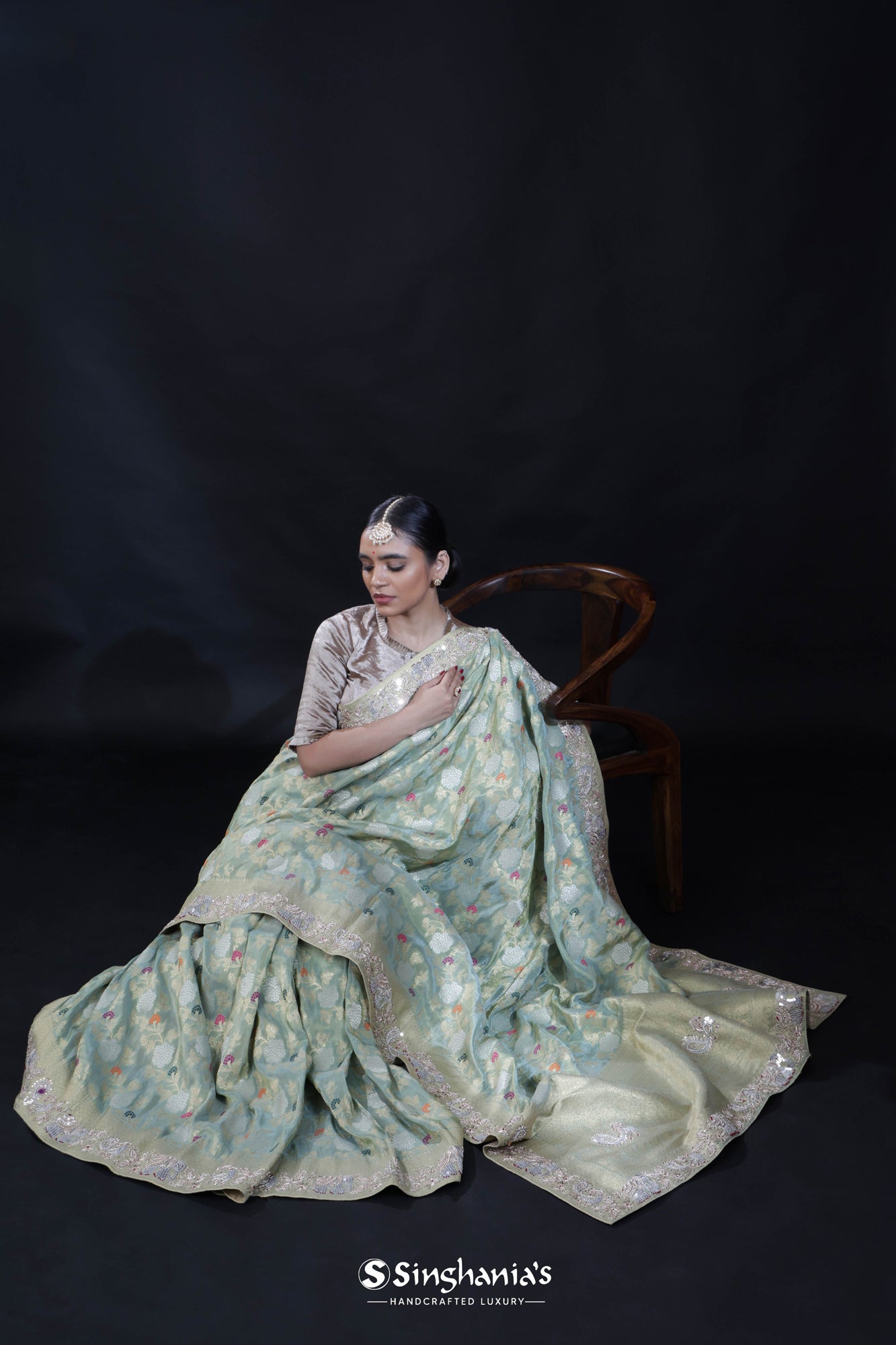Acadia Green Banarasi Silk Saree With Embroidered Border