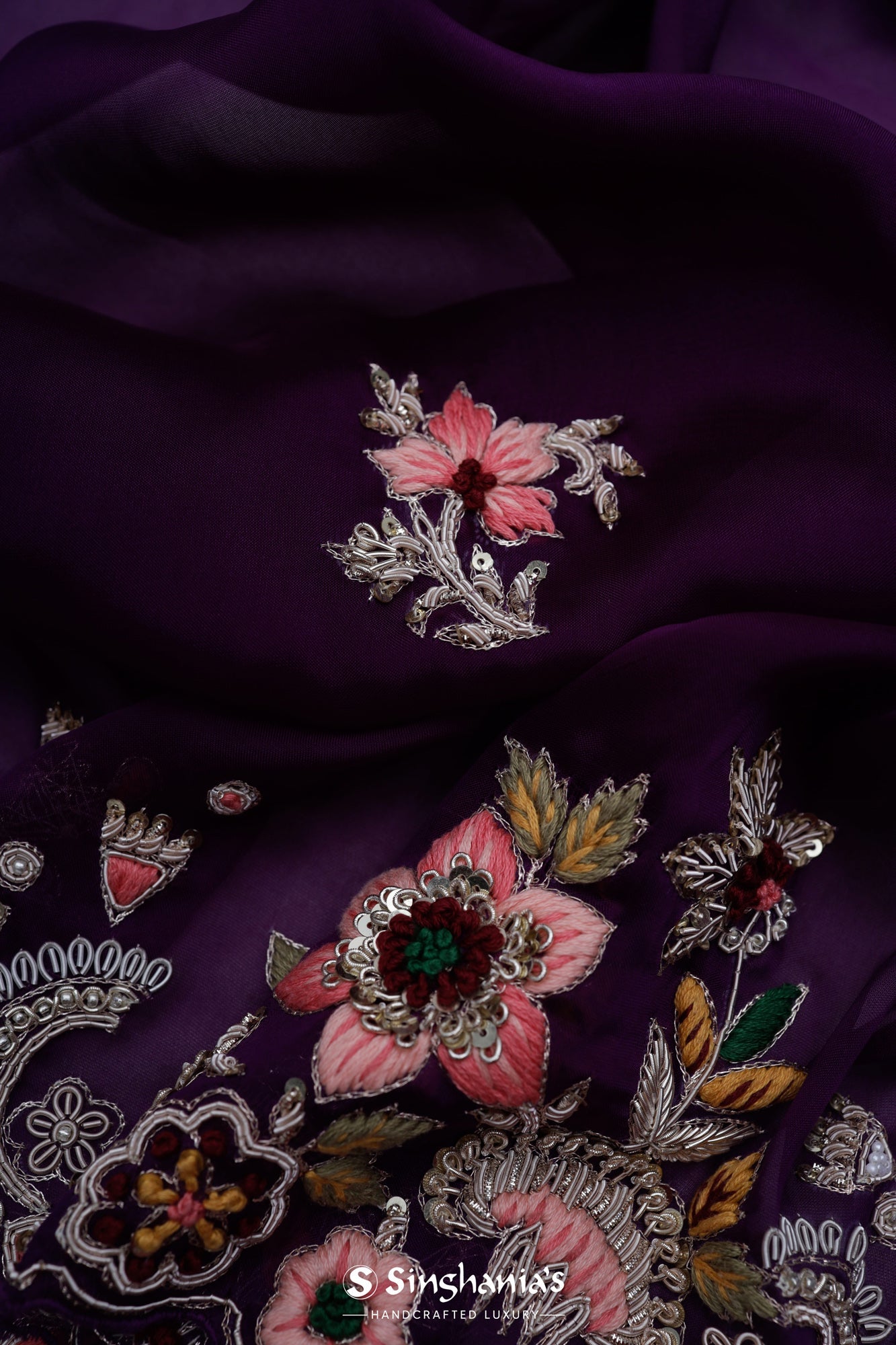 Purple Organza Floral Embroidery Saree