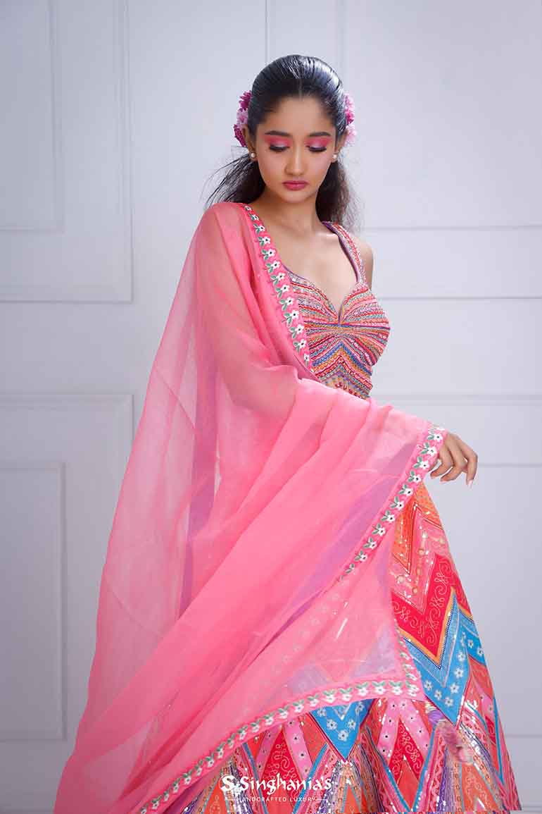 Watermelon Pink Lehenga With Hand Embroidery