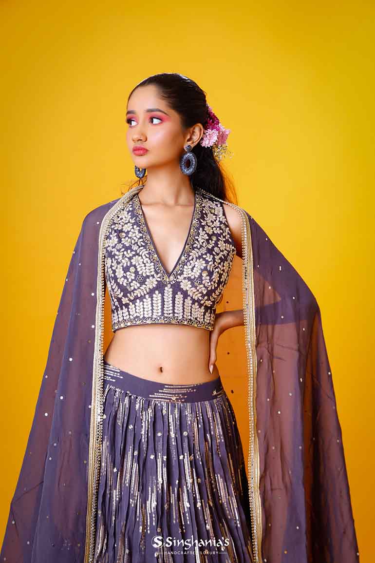 Blue Lilac Lehenga With Hand Embroidery