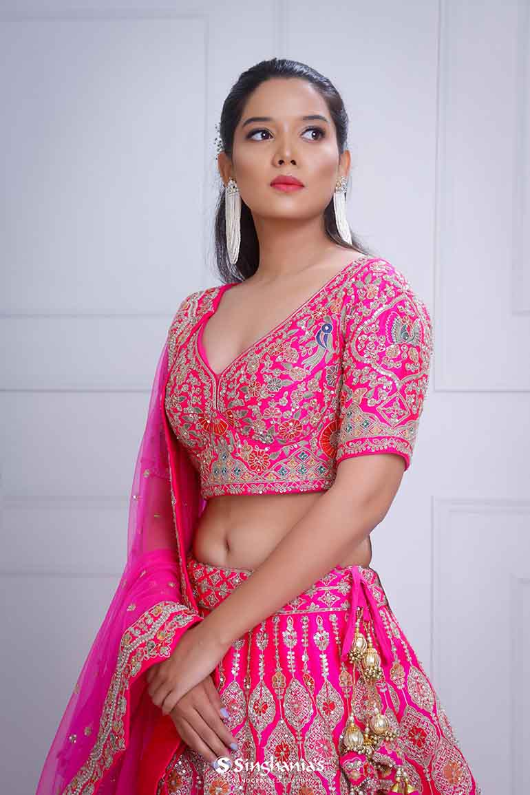 Bright Pink Bridal Lehenga With Hand Embroidery