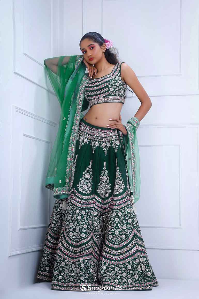 Bottle Green Bridal Lehenga With Hand Embroidery