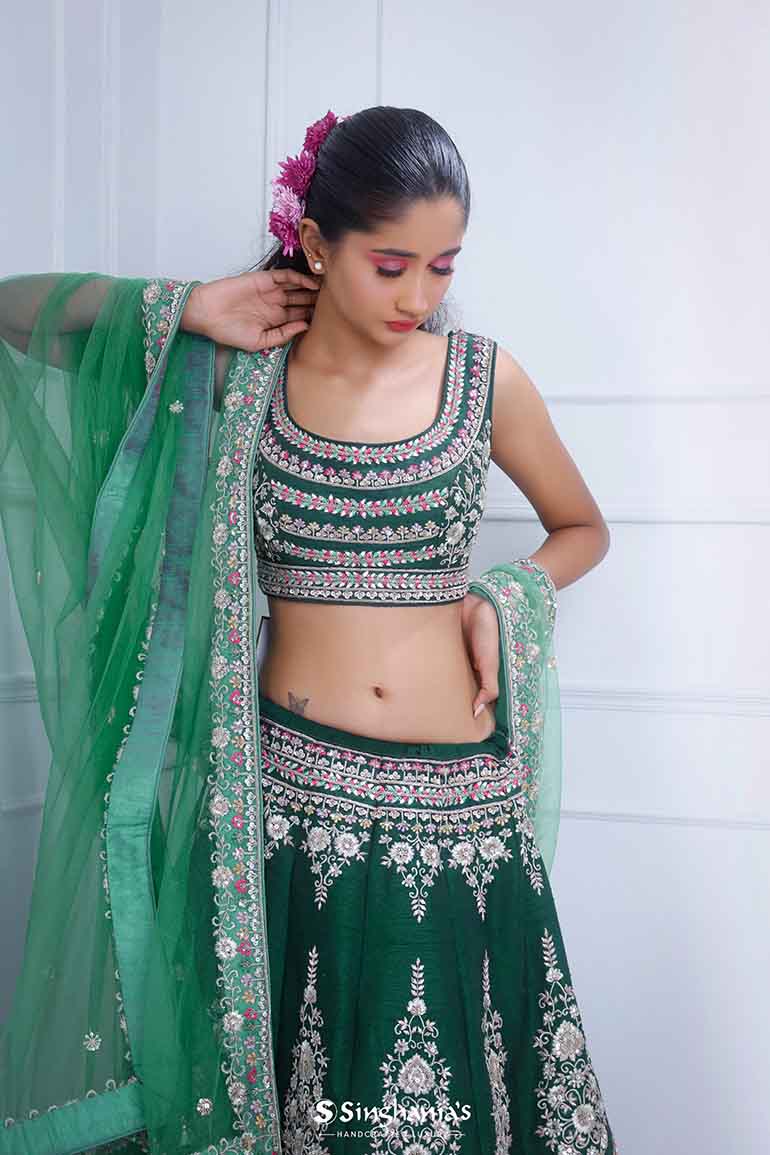 Bottle Green Bridal Lehenga With Hand Embroidery