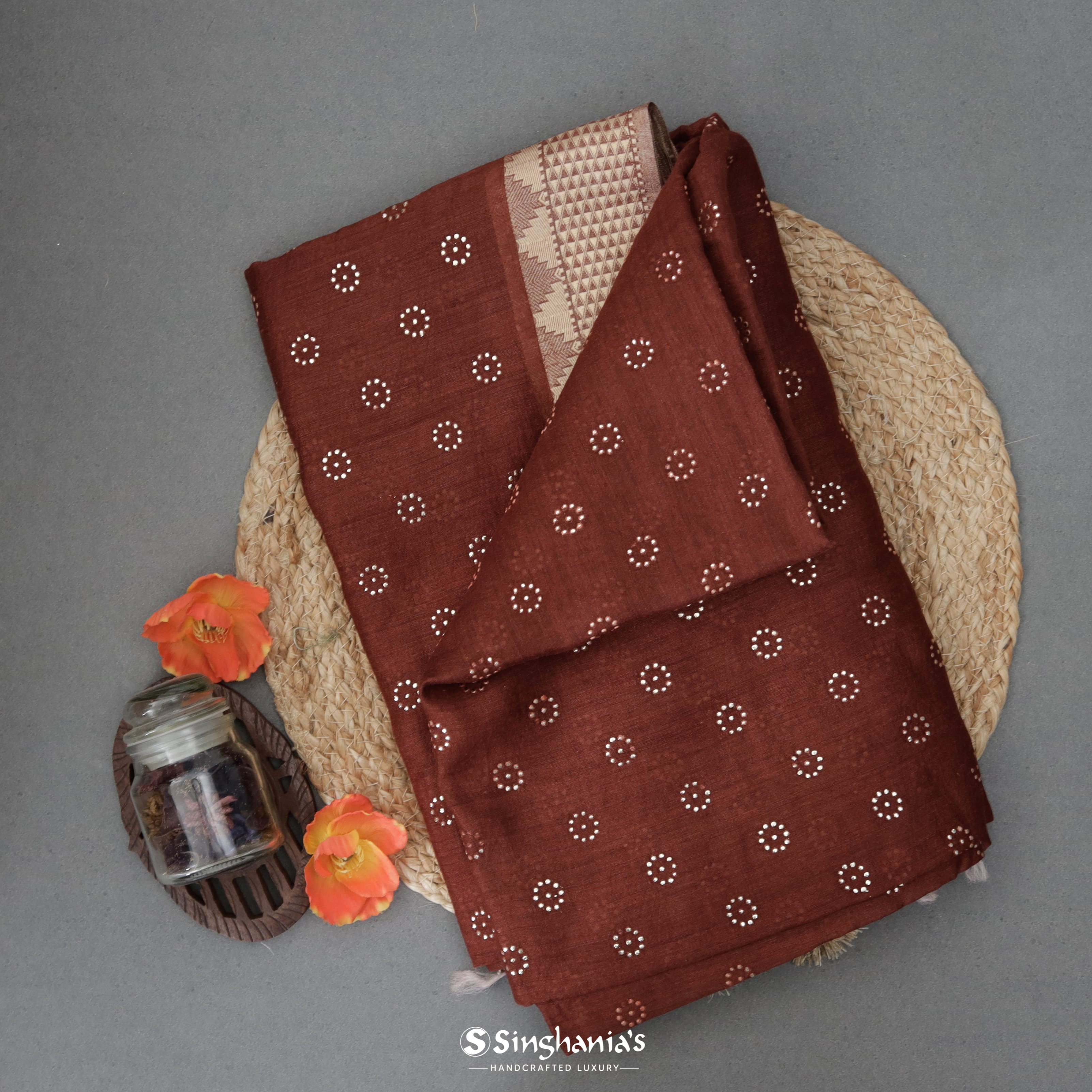 Coffee Brown Moonga Mukaish Silk Saree With Floral Buttas