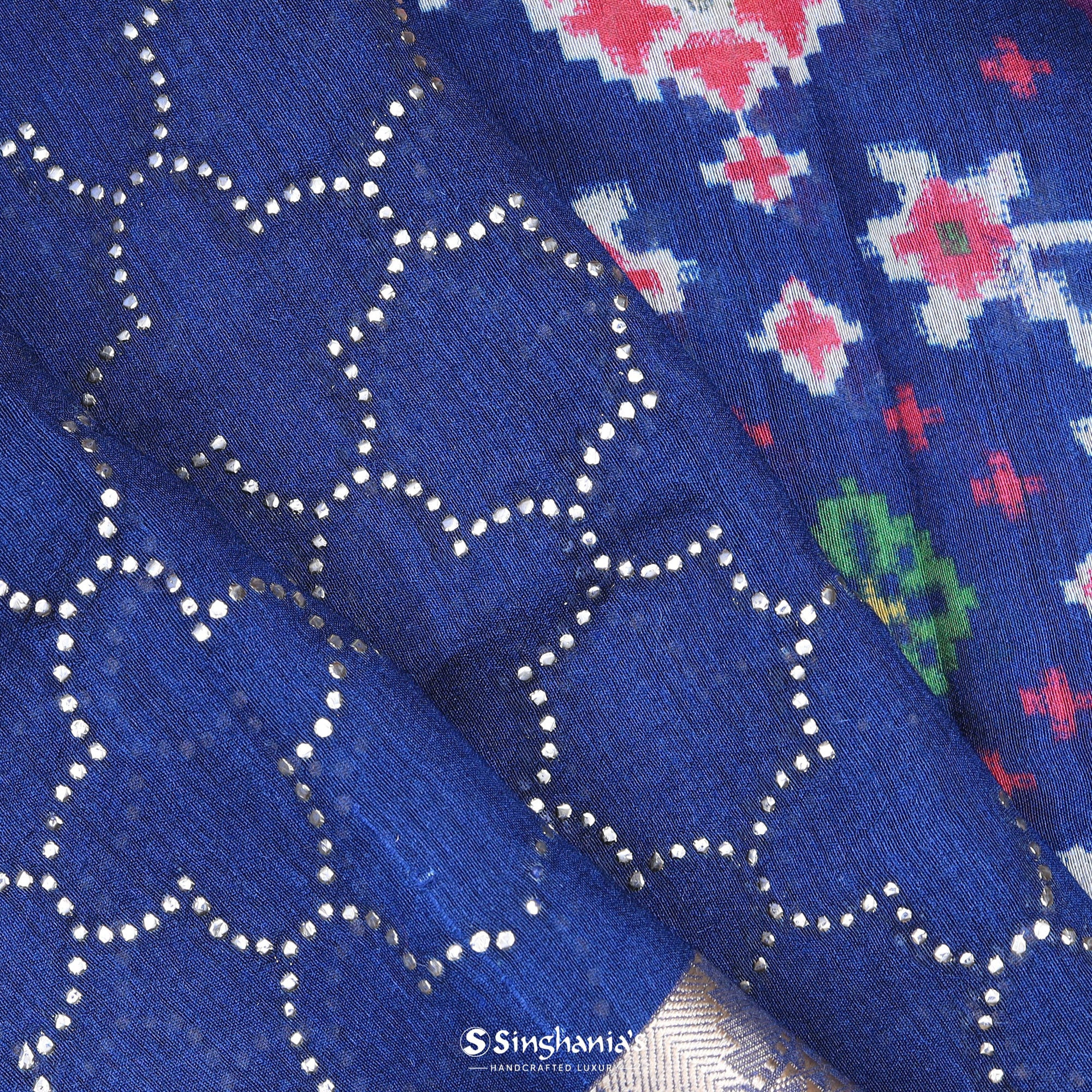Navy Blue Moonga Saree With Hand Embroidery