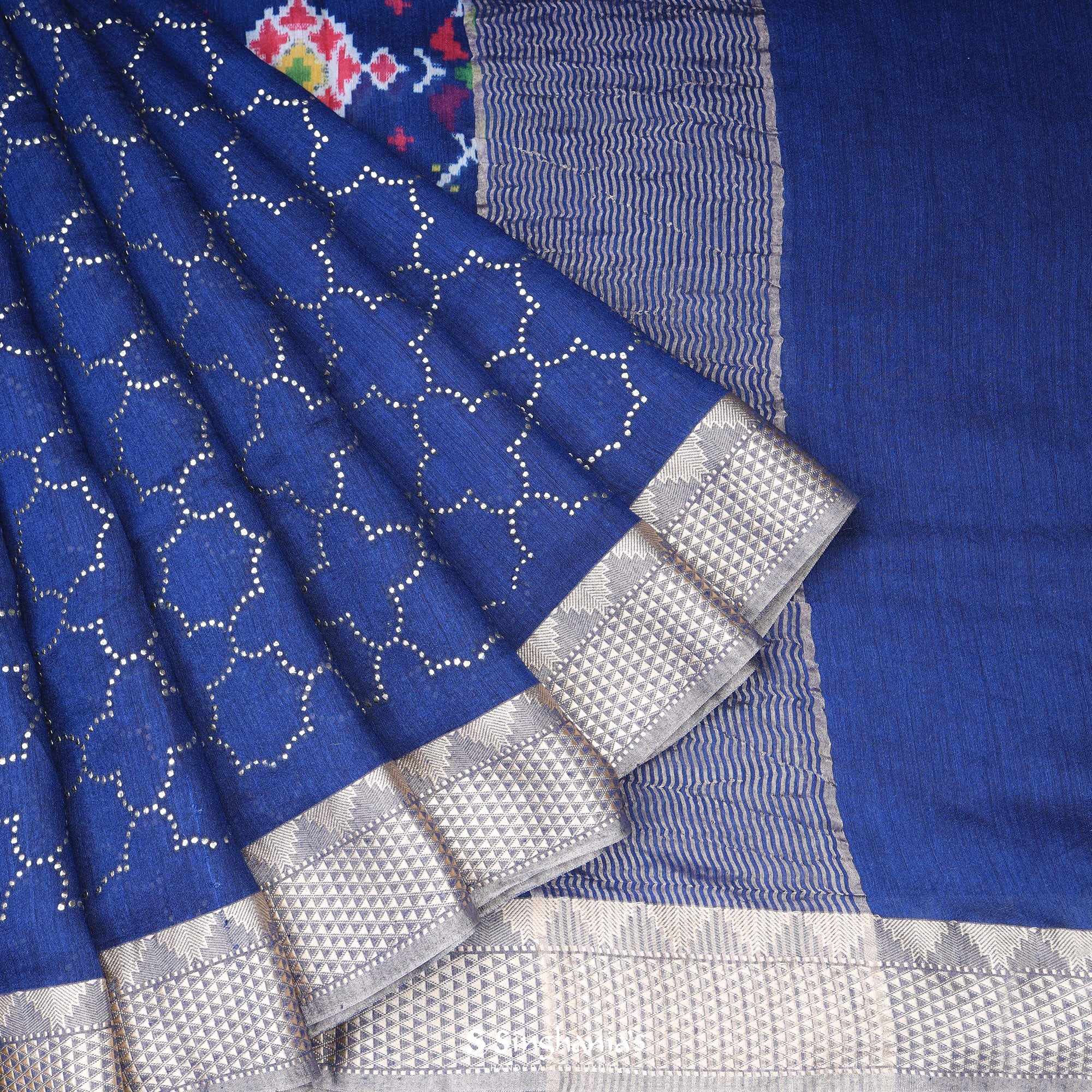 Navy Blue Moonga Saree With Hand Embroidery