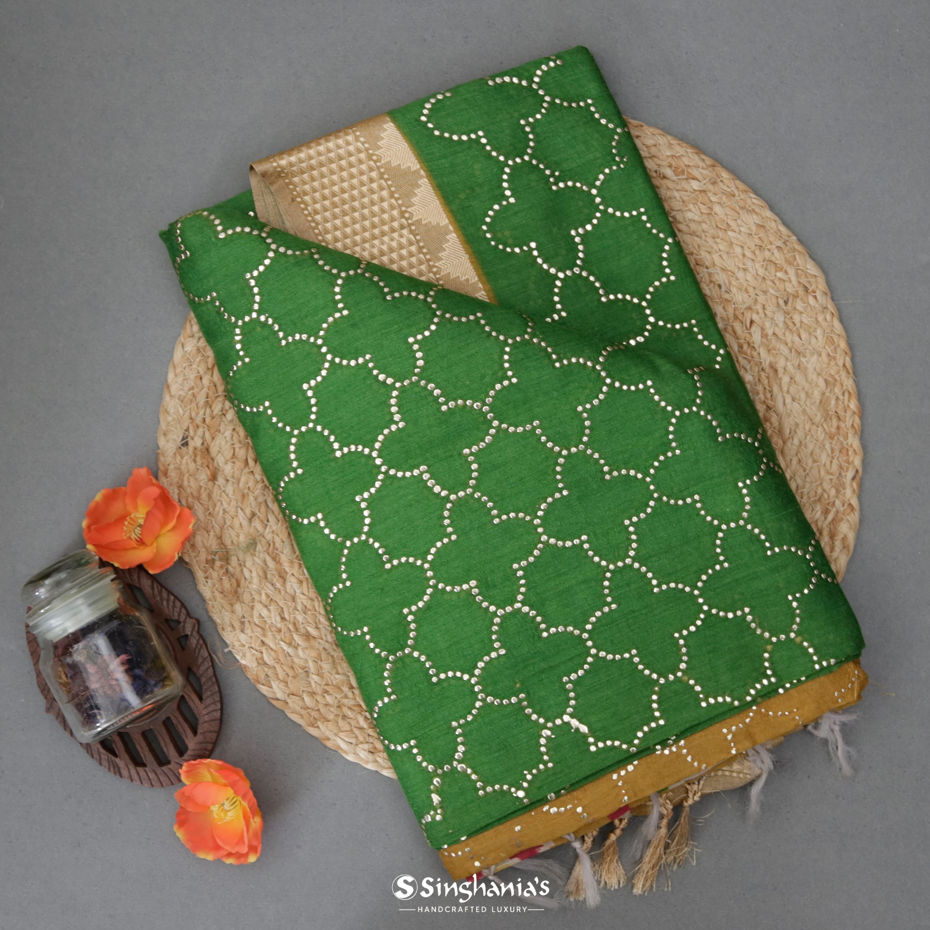 Cadmium Green Moonga Mukaish Silk Saree With Jaal Design