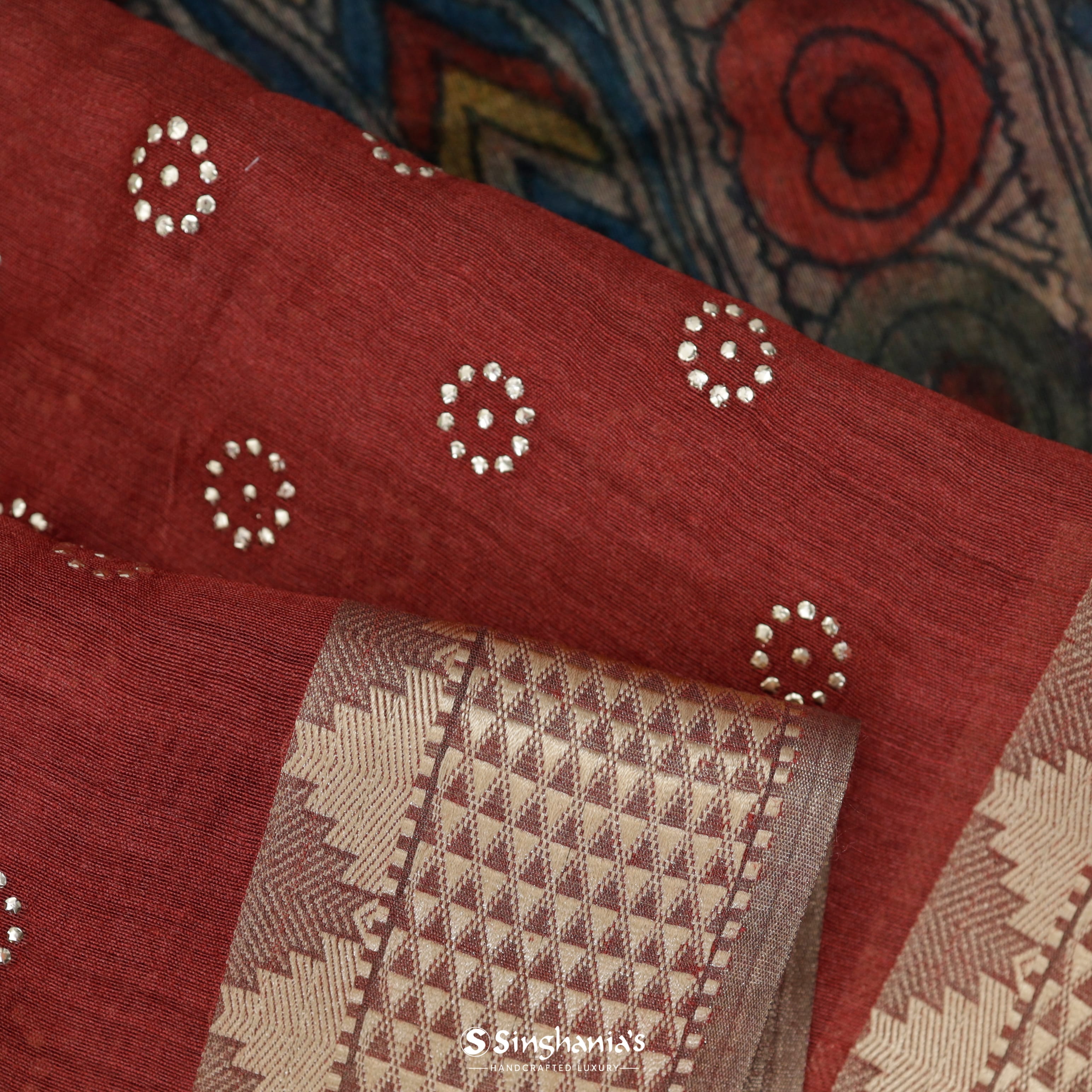 Persian Red Moonga Mukaish Silk Saree With Floral Buttas
